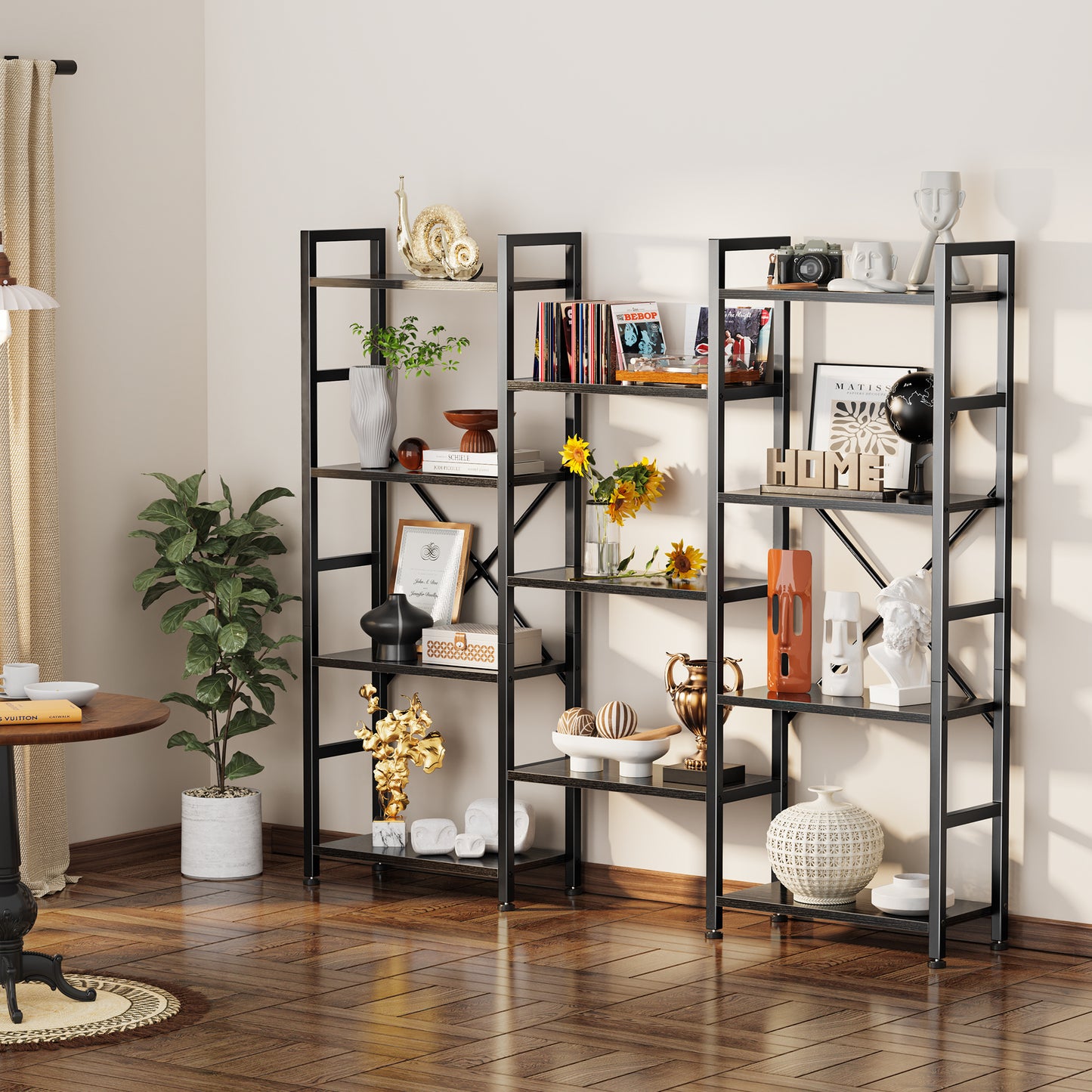 SUPERJARE Triple 4 Tier Bookshelf, Bookcase with 11 Open Display Shelves, Wide Book Shelf Book Case for Home & Office, Black