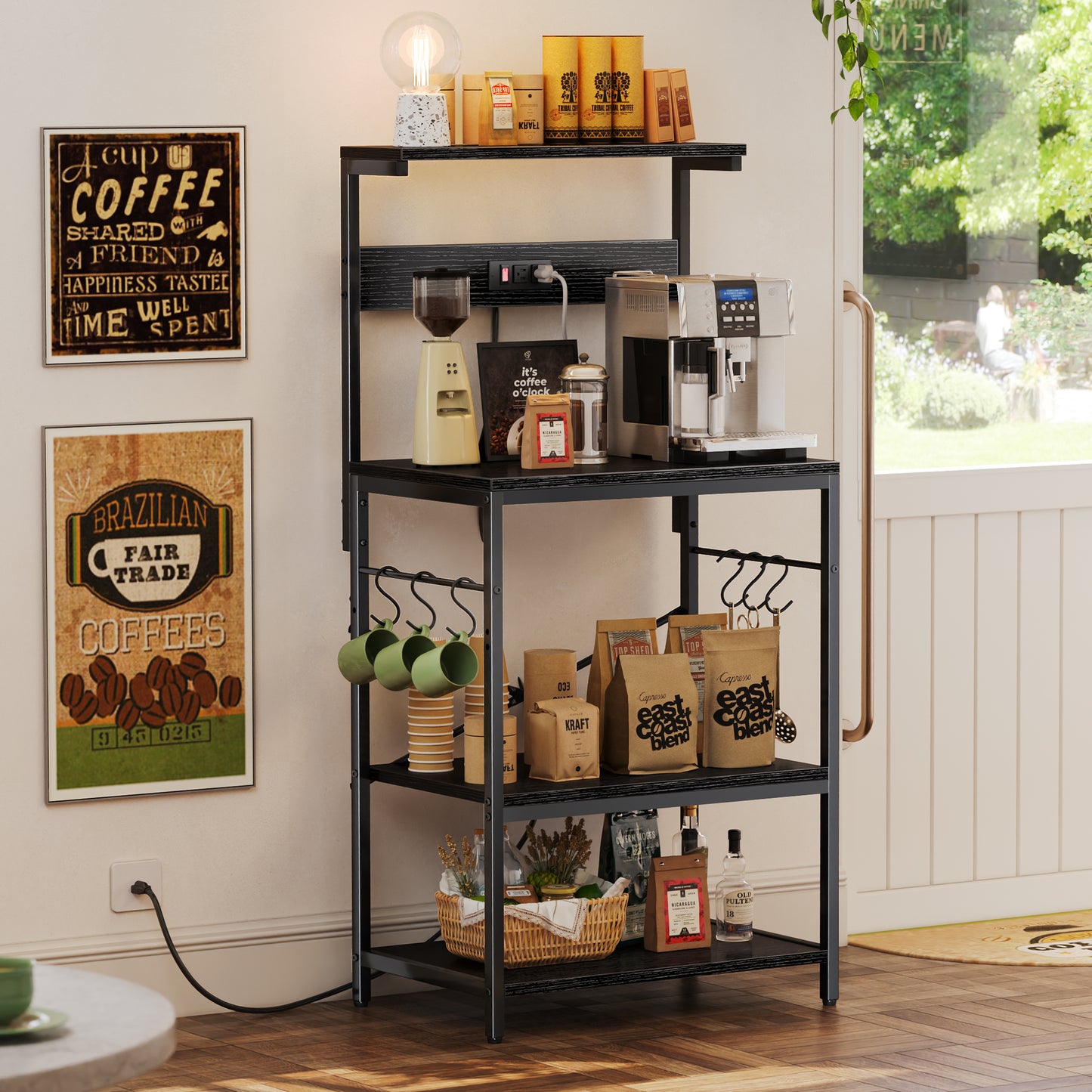 SUPERJARE Kitchen Bakers Rack with Power Outlet, Coffee Bar Table 4 Tiers, Kitchen Microwave Stand with 6 S-shaped Hooks, Kitchen Storage Shelf Rack for Spices, Pots and Pans - Black