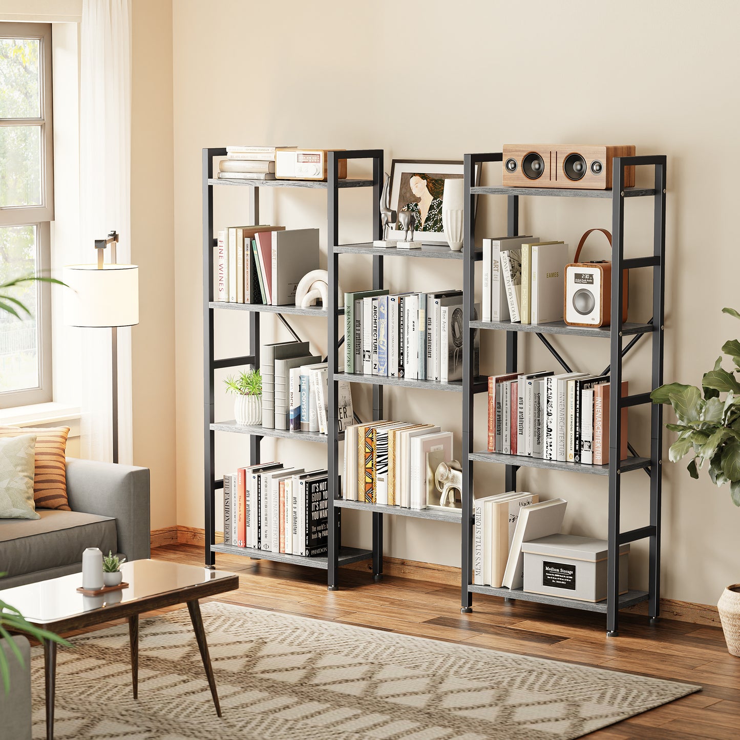 SUPERJARE Triple 4 Tier Bookshelf, Bookcase with 11 Open Display Shelves, Grey