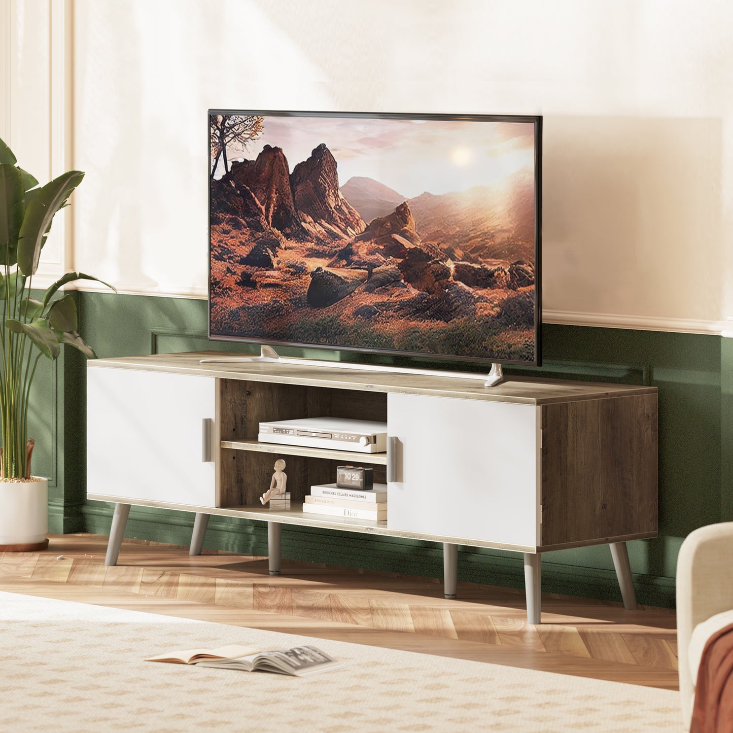 SUPERJARE TV Stand for 55 Inch TV, Entertainment Center with Adjustable Shelf, 2 Cabinets, TV Console Table, Media Console, Solid Wood Feet, Cord Holes, Gray and White