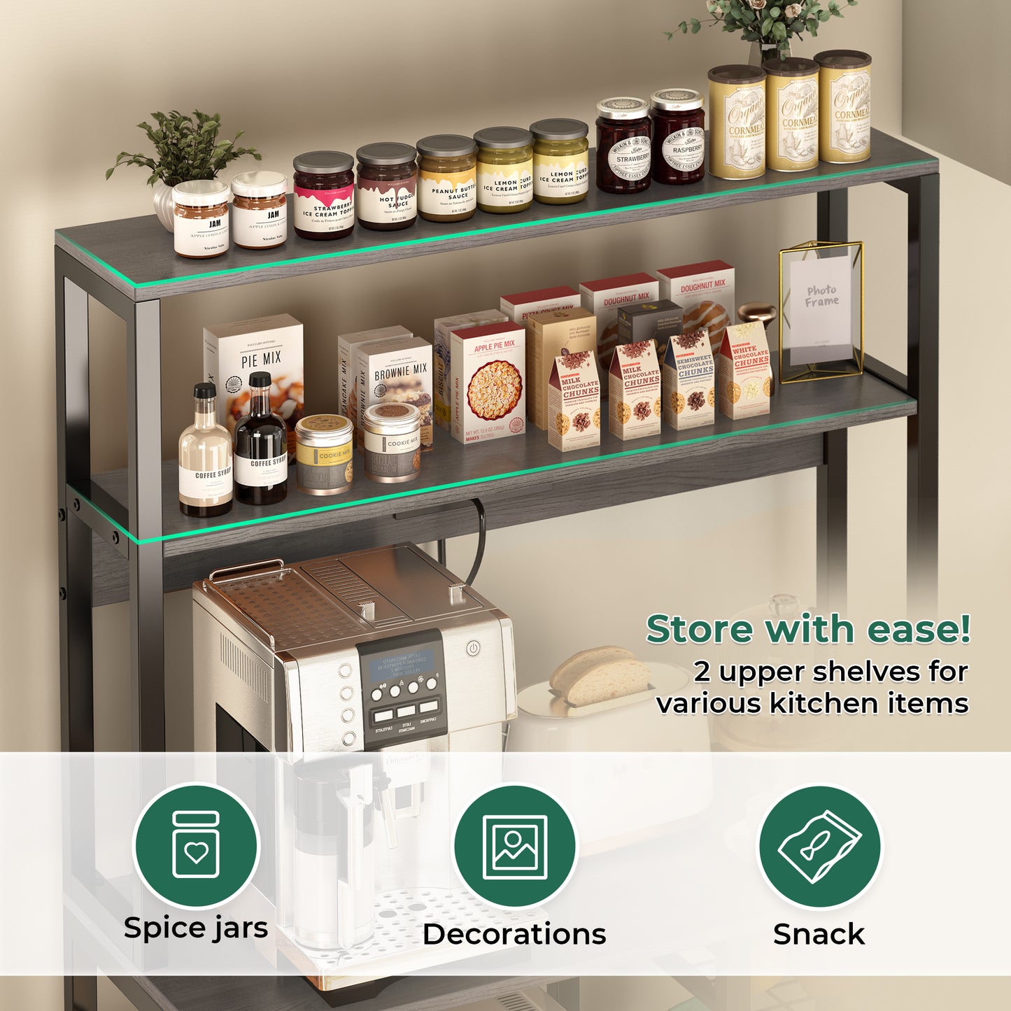 SUPERJARE Bakers Rack with Power Outlet, 35.4 Inches Coffee Bar with Wire Basket, Kitchen Microwave Stand with 6 S-Shaped Hooks, Open Storage Shelves, Gray