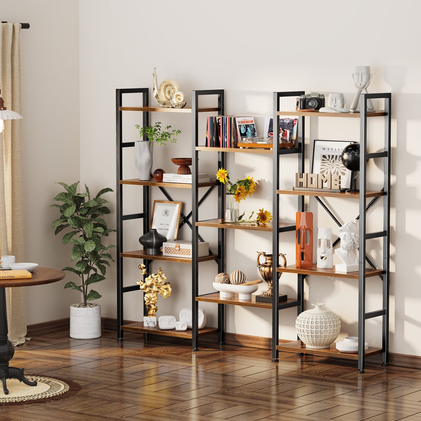 SUPERJARE Triple 4 Tier Bookshelf, Bookcase with 11 Open Display Shelves, Wide Book Shelf Book Case for Home & Office, Rustic Brown
