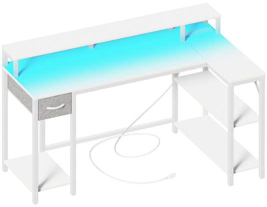 SUPERJARE 53 Inch L Shaped Desk with LED Lights & Power Outlets, Reversible Computer Desk with Shelves & Drawer, Corner Desk Home Office Desk, White