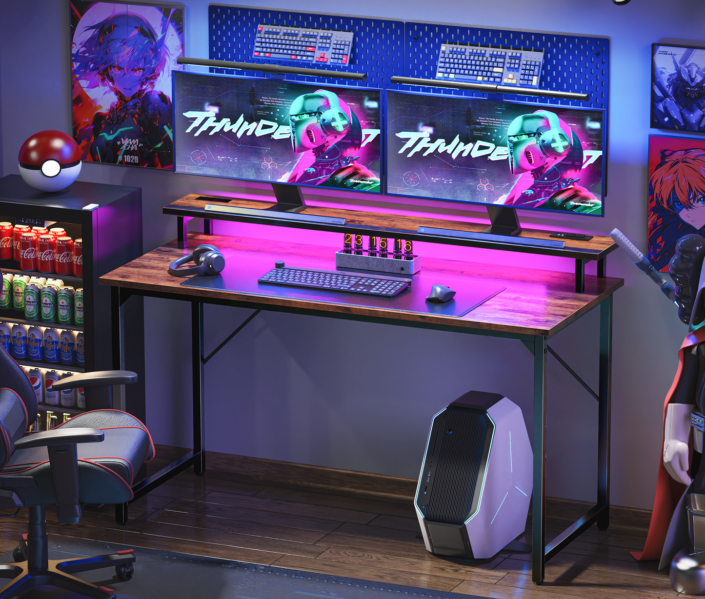 SUPERJARE 55 inch Computer Desk with LED Lights & Power Outlets, Gaming Desk with Monitor Shelf, Small Office Desk for Home & Office, Rustic Brown