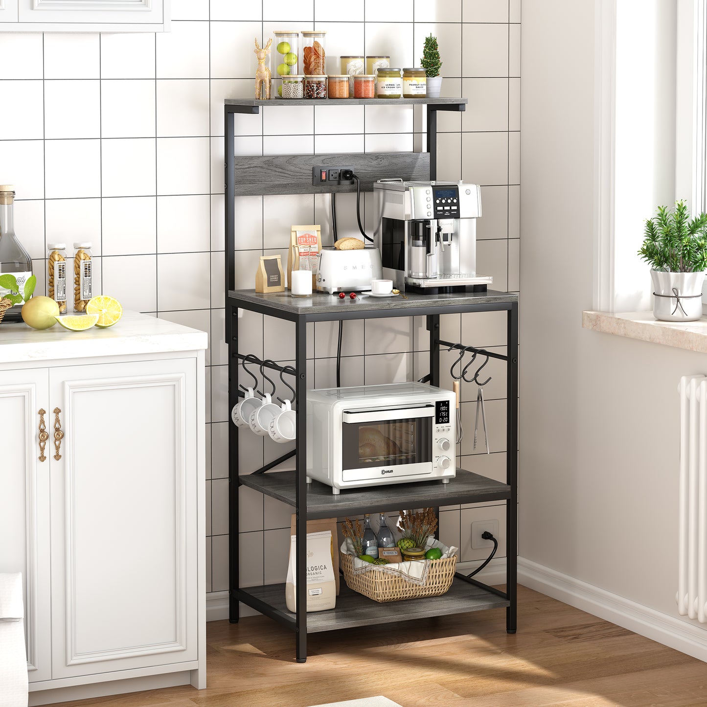 SUPERJARE Kitchen Bakers Rack with Power Outlet, Coffee Bar Table 4 Tiers, Kitchen Microwave Stand with 6 S-Shaped Hooks, Kitchen Storage Shelf Rack for Spices, Pots and Pans - Charcoal Gray