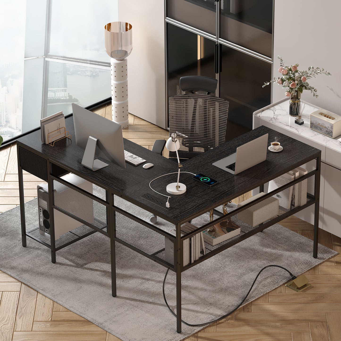 SUPERJARE L Shaped Desk with Power Outlets, Computer Desk with Drawer, Reversible Corner Desk with Grid Storage Bookshelf, Home Office Desk, Black