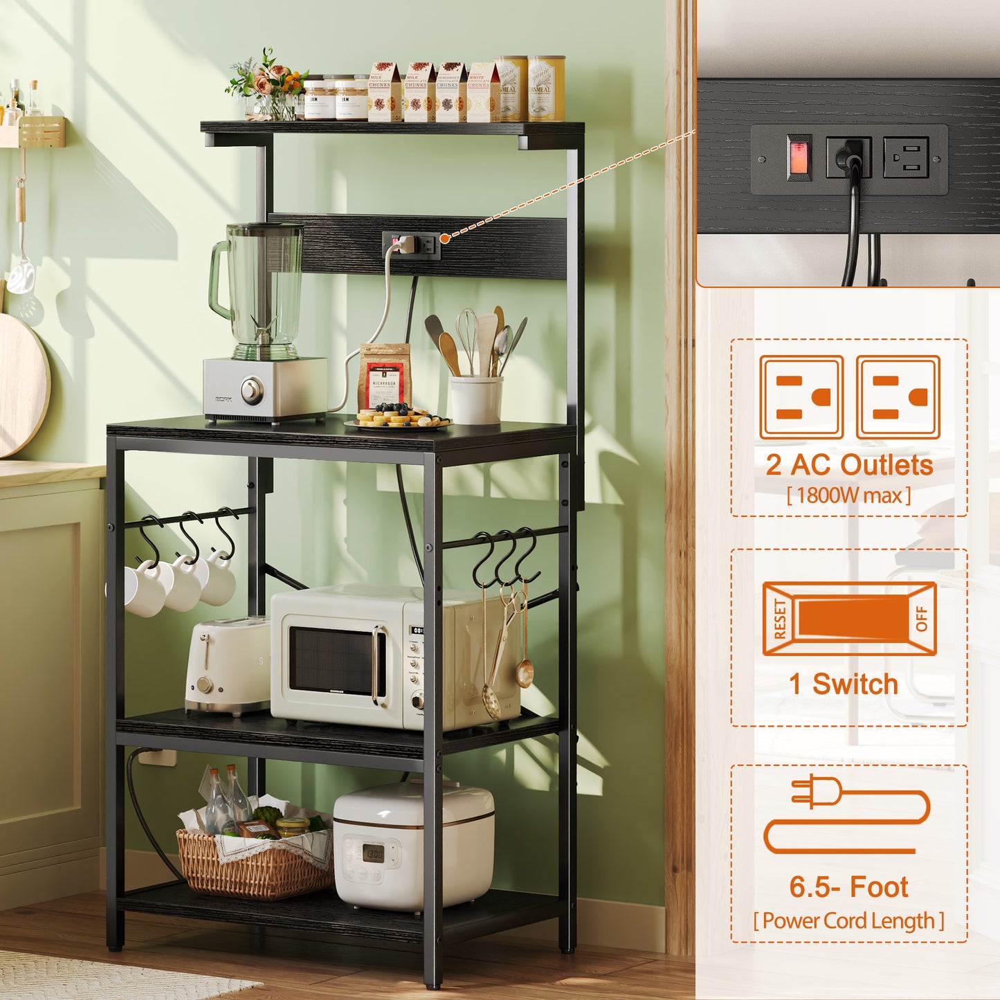 SUPERJARE Kitchen Bakers Rack with Power Outlet, Coffee Bar Table 4 Tiers, Kitchen Microwave Stand with 6 S-shaped Hooks, Kitchen Storage Shelf Rack for Spices, Pots and Pans - Black