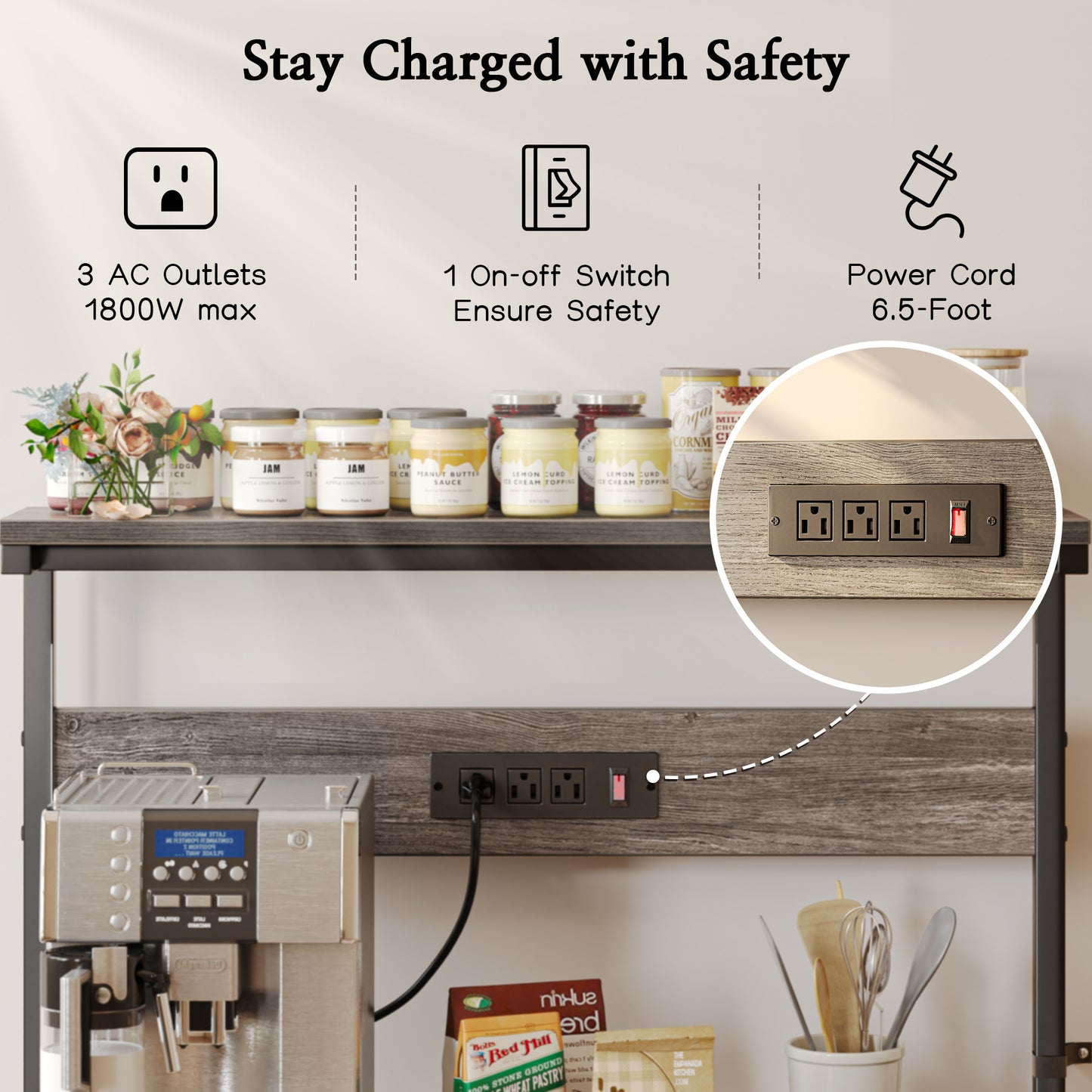 SUPERJARE Bakers Rack with Power Outlets, Microwave Stand, 31.5 X 16.5 Inch Larger Desktop, Kitchen Storage Rack with Adjustable Middle Shelf, 6 S-Shaped Hooks, Coffee Bar Stand, Grey