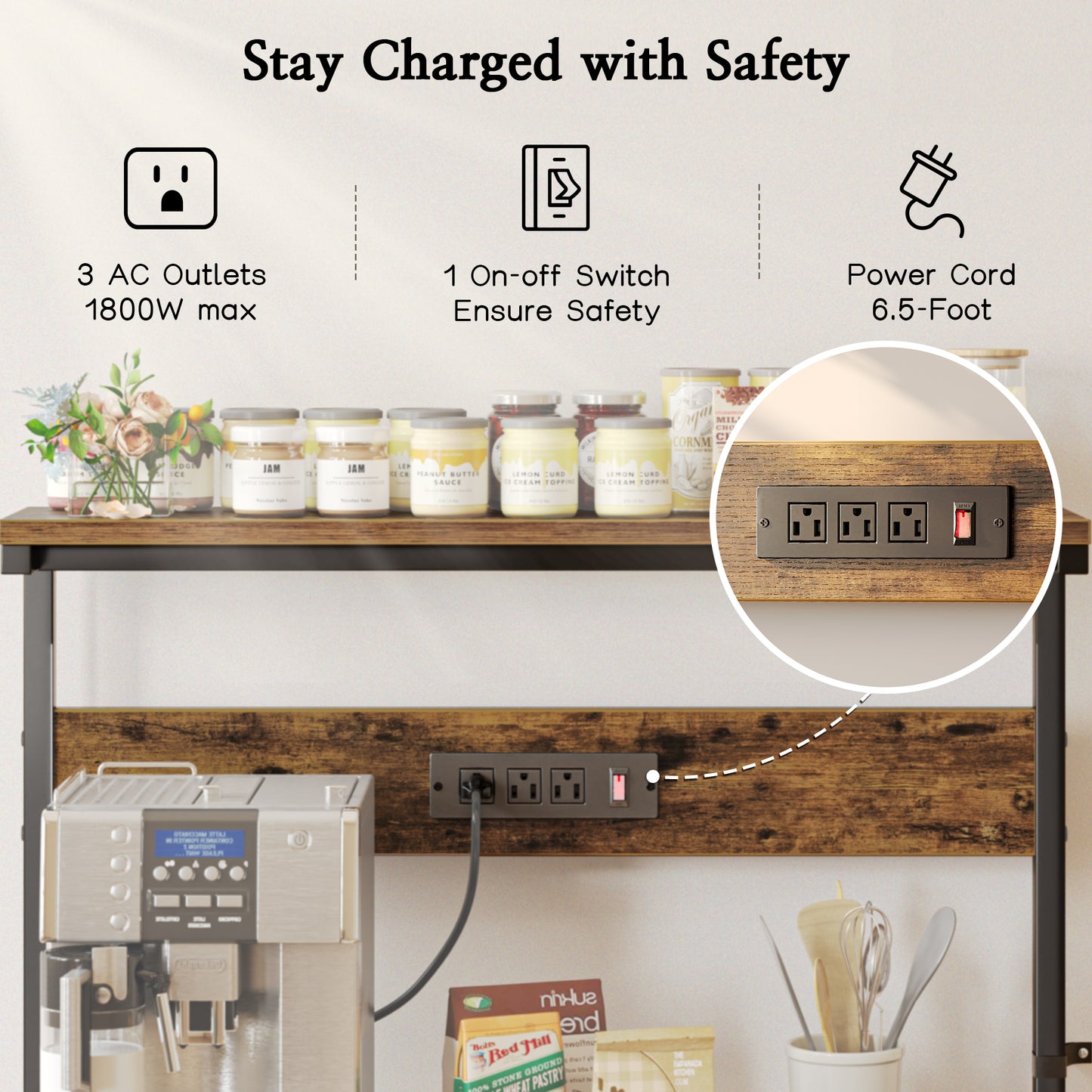 SUPERJARE Bakers Rack with Power Outlets, Microwave Stand, 31.5 X 16.5 Inch Larger Desktop, Kitchen Storage Rack with Adjustable Middle Shelf, 6 S-Shaped Hooks, Coffee Bar Stand, Rustic Brown