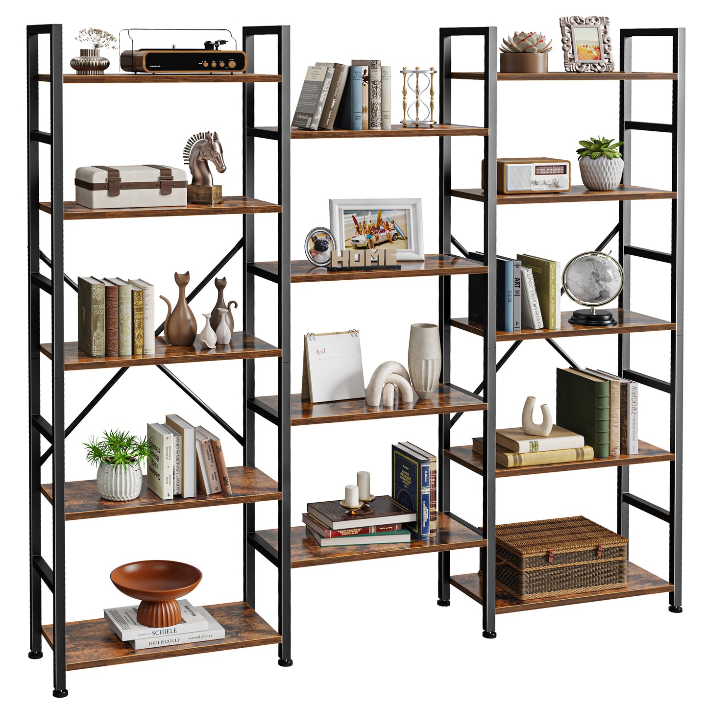 SUPERJARE Triple 5 Tier Bookshelf, Bookcase with 14 Open Display Shelves, Wide Book Shelf Book Case for Home & Office, Rustic Brown