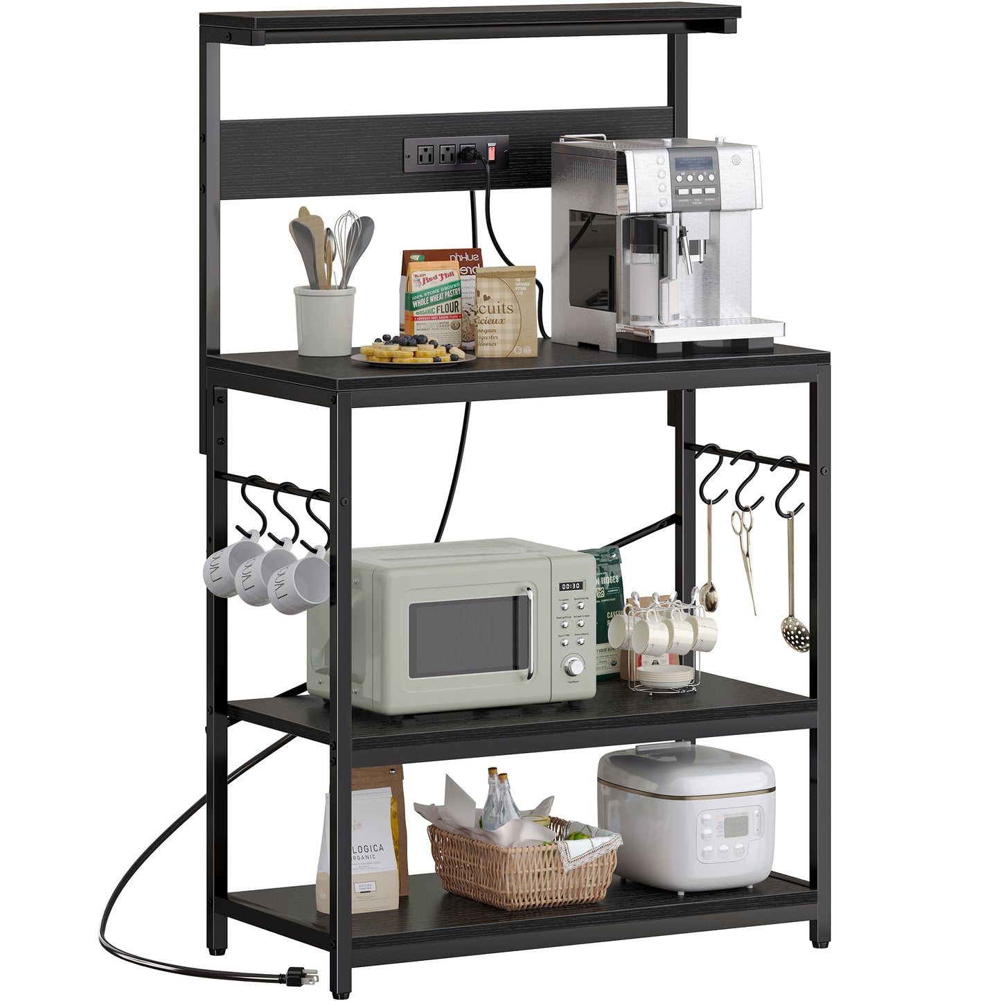 SUPERJARE Bakers Rack with Power Outlets, Microwave Stand, 31.5 X 16.5 Inch Larger Desktop, Kitchen Storage Rack with Adjustable Middle Shelf, 6 S-Shaped Hooks, Coffee Bar Stand, Black