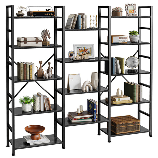 SUPERJARE Triple 5 Tier Bookshelf, Bookcase with 14 Open Display Shelves, Wide Book Shelf Book Case for Home & Office, Black