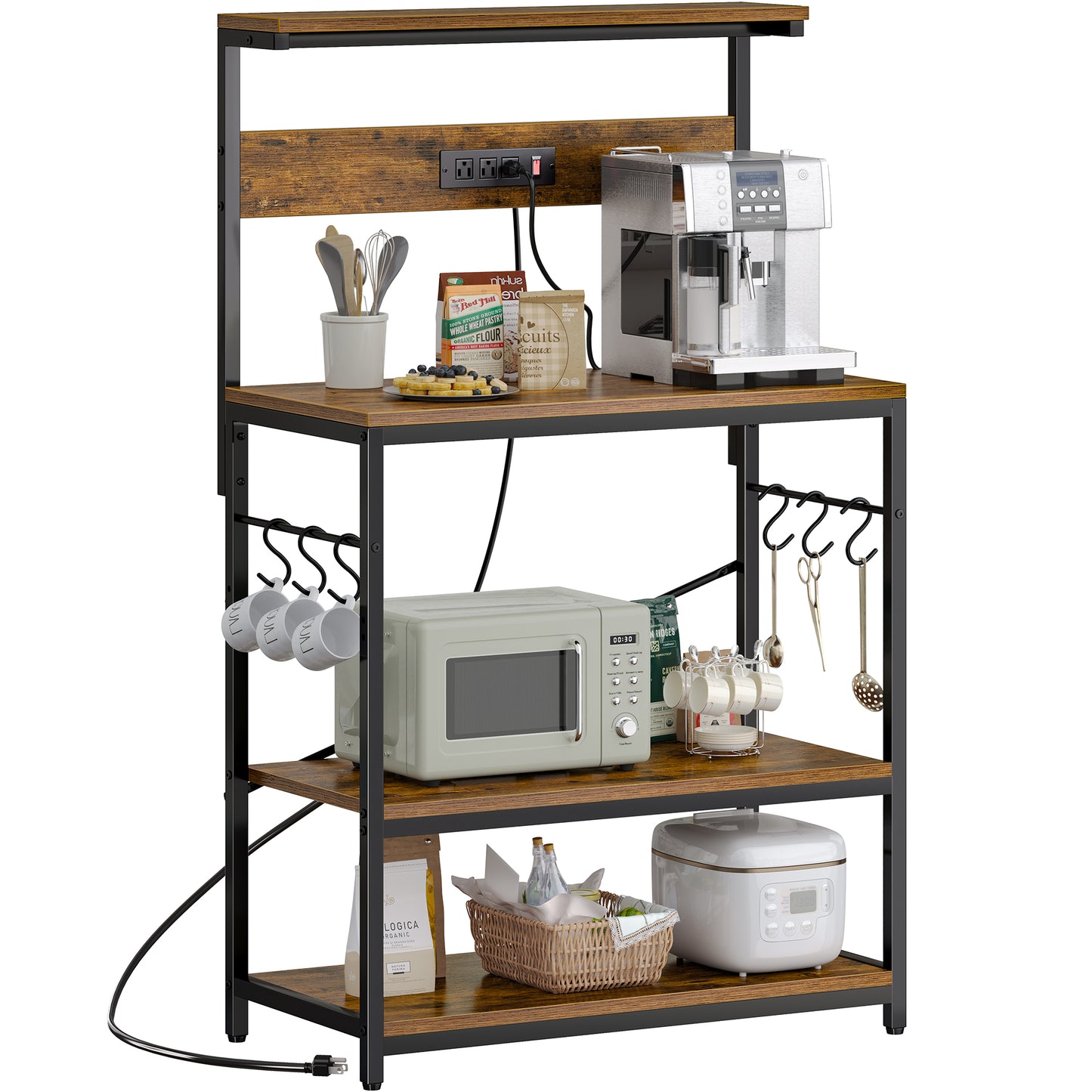 SUPERJARE Bakers Rack with Power Outlets, Microwave Stand, 31.5 X 16.5 Inch Larger Desktop, Kitchen Storage Rack with Adjustable Middle Shelf, 6 S-Shaped Hooks, Coffee Bar Stand, Rustic Brown