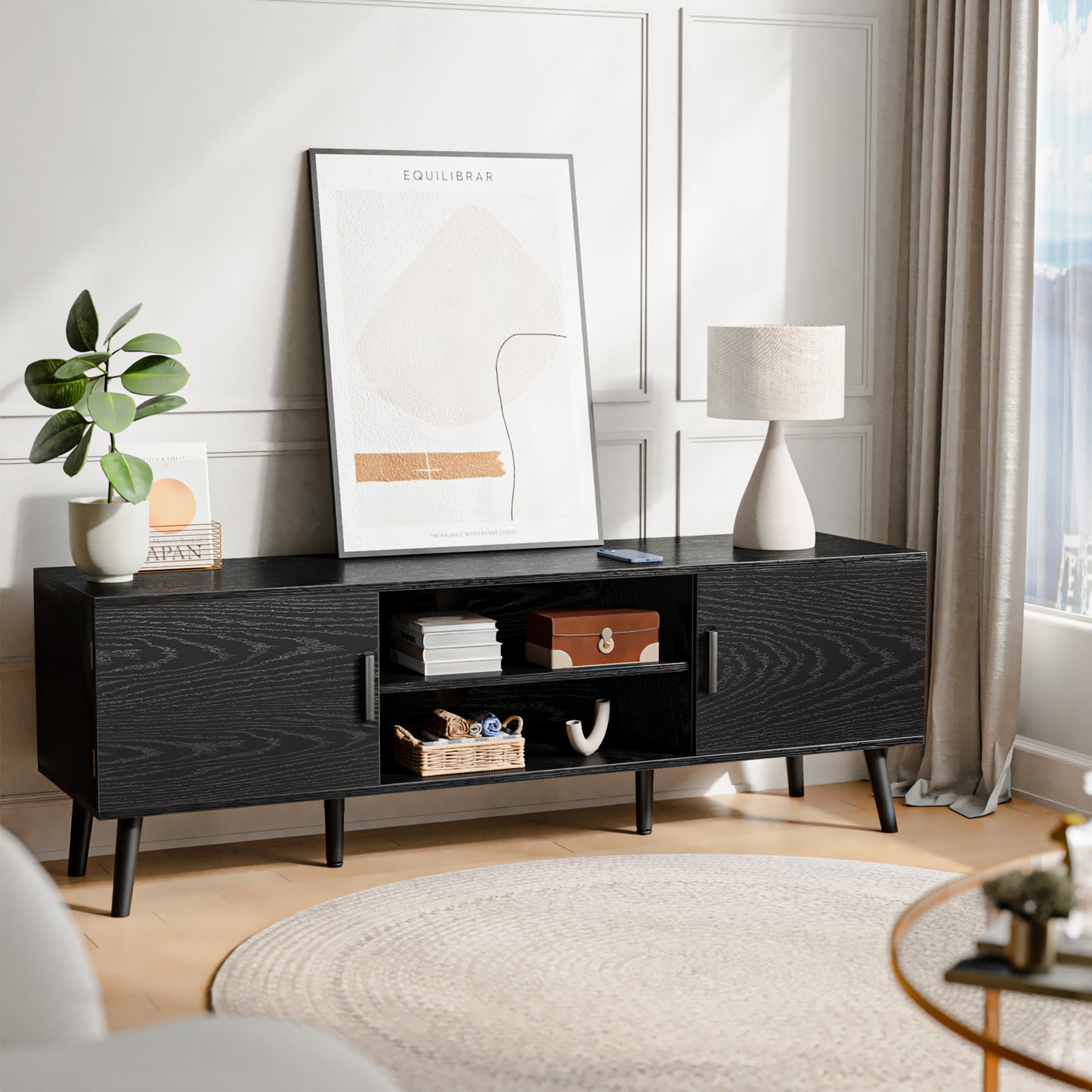 SUPERJARE TV Stand for 55 Inch TV, Entertainment Center with Adjustable Shelf, 2 Cabinets, TV Console Table, Media Console, Solid Wood Feet, Cord Holes, Black