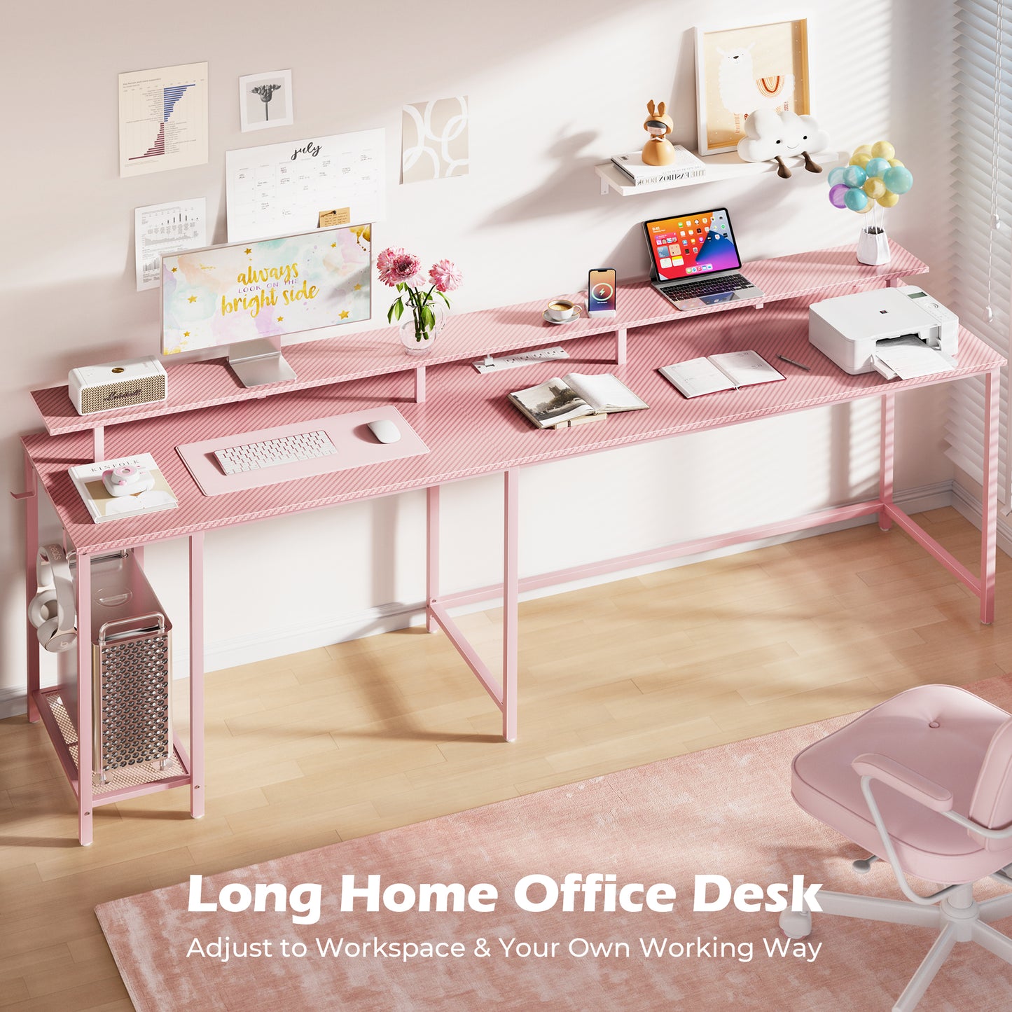 SUPERJARE L Shaped Gaming Desk with Power Outlets & LED Lights, Computer Desk with Monitor Stand & Storage Shelf, Home Office Desk Corner Desk with Hooks, Pink