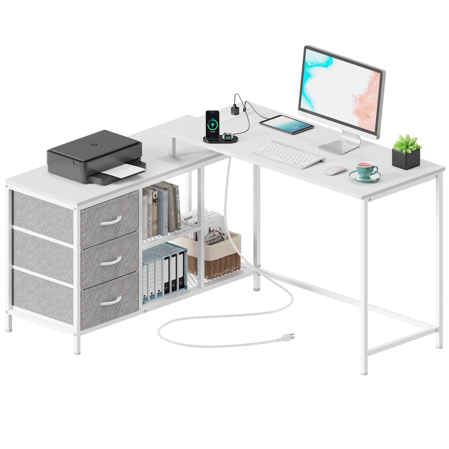 SUPERJARE L Shaped Desk with Power Outlets, Drawers & Shelves, White, 7944WC