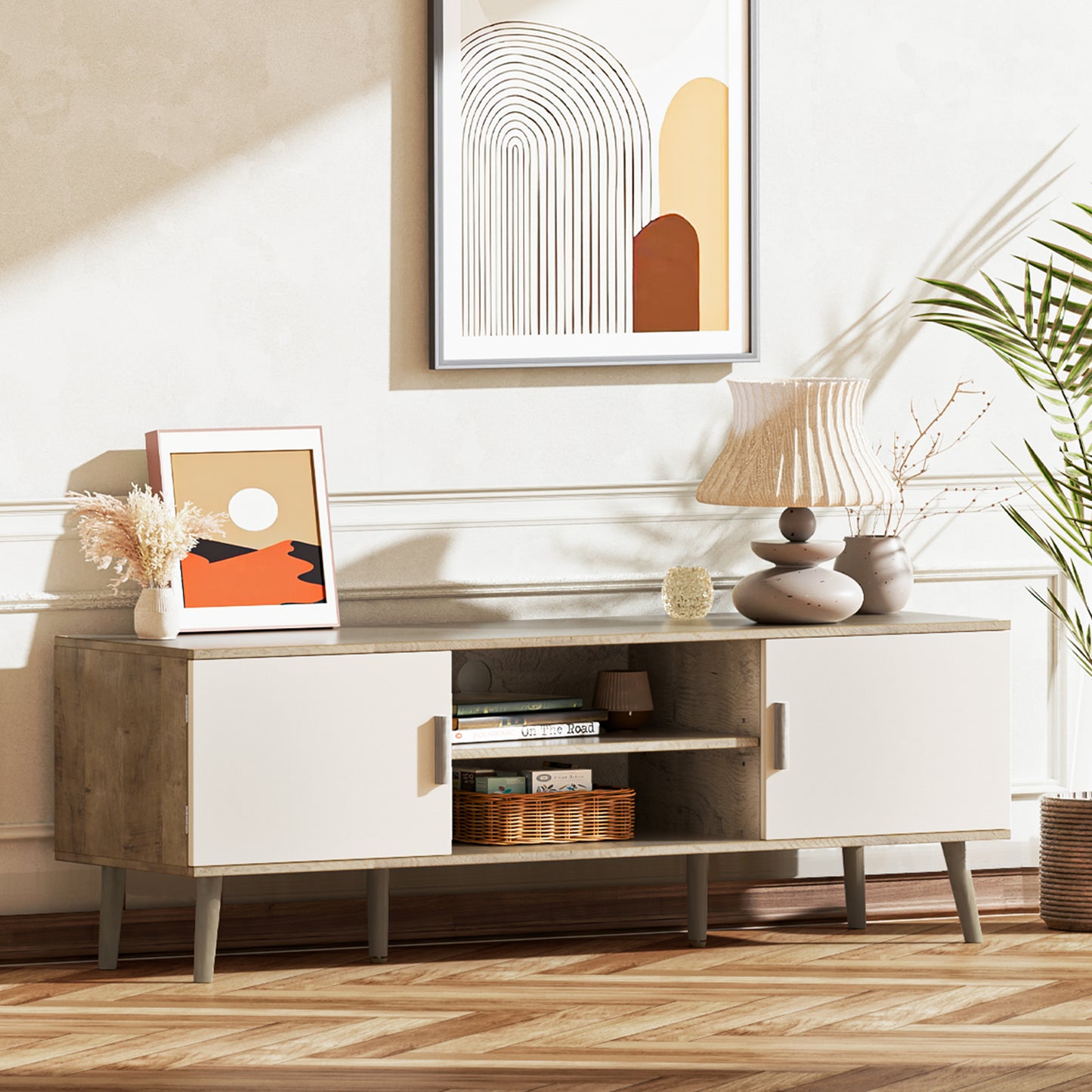 SUPERJARE TV Stand for 55 Inch TV, Entertainment Center with Adjustable Shelf, 2 Cabinets, TV Console Table, Media Console, Solid Wood Feet, Cord Holes, Gray and White