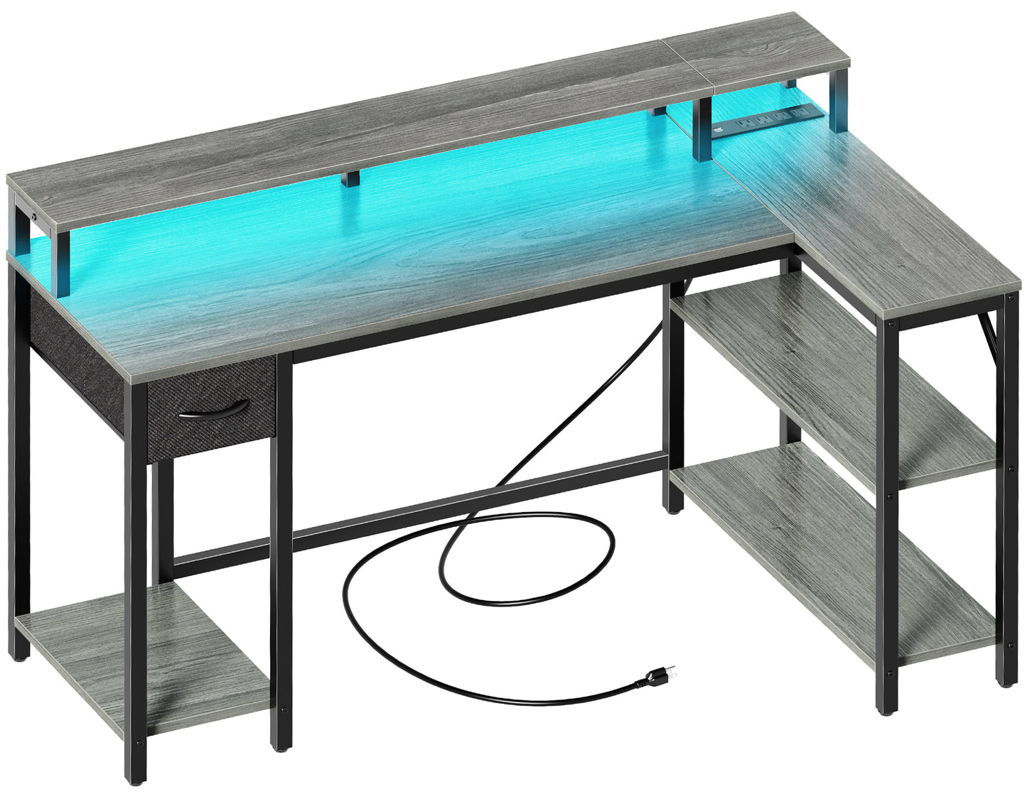 SUPERJARE 53 Inch L Shaped Desk with LED Lights & Power Outlets, Reversible Computer Desk with Shelves & Drawer, Corner Desk Home Office Desk, Grey