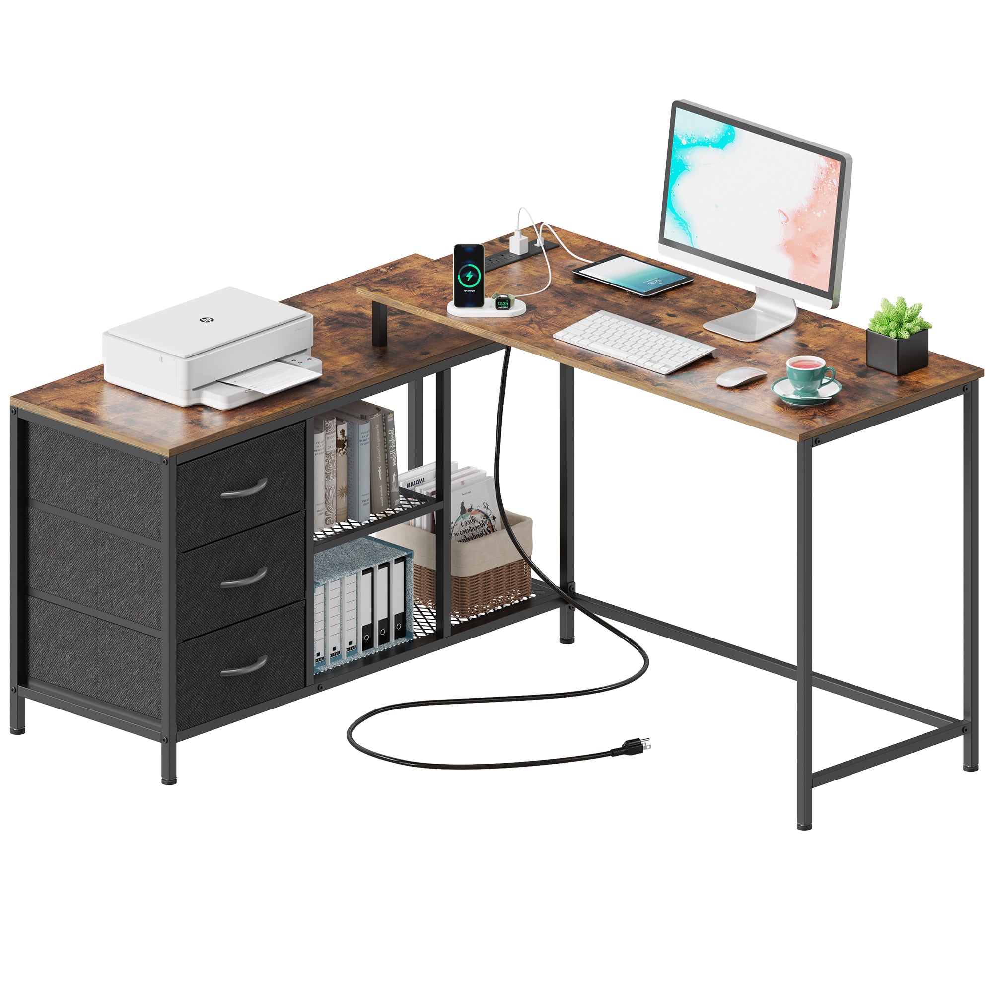 Lufeiya Small L Shaped Desk With Power Outlet Shelves, 40 Inch Corner Desk For Small Space Home Office, Rustic Brown