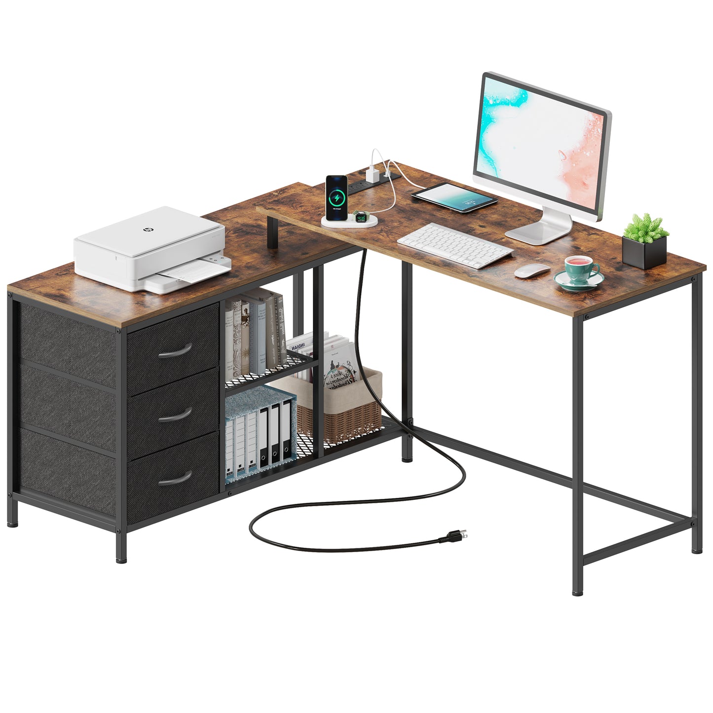 SUPERJARE L Shaped Desk with Power Outlets, Drawers & Shelves, Rustic Brown, 7944ZC