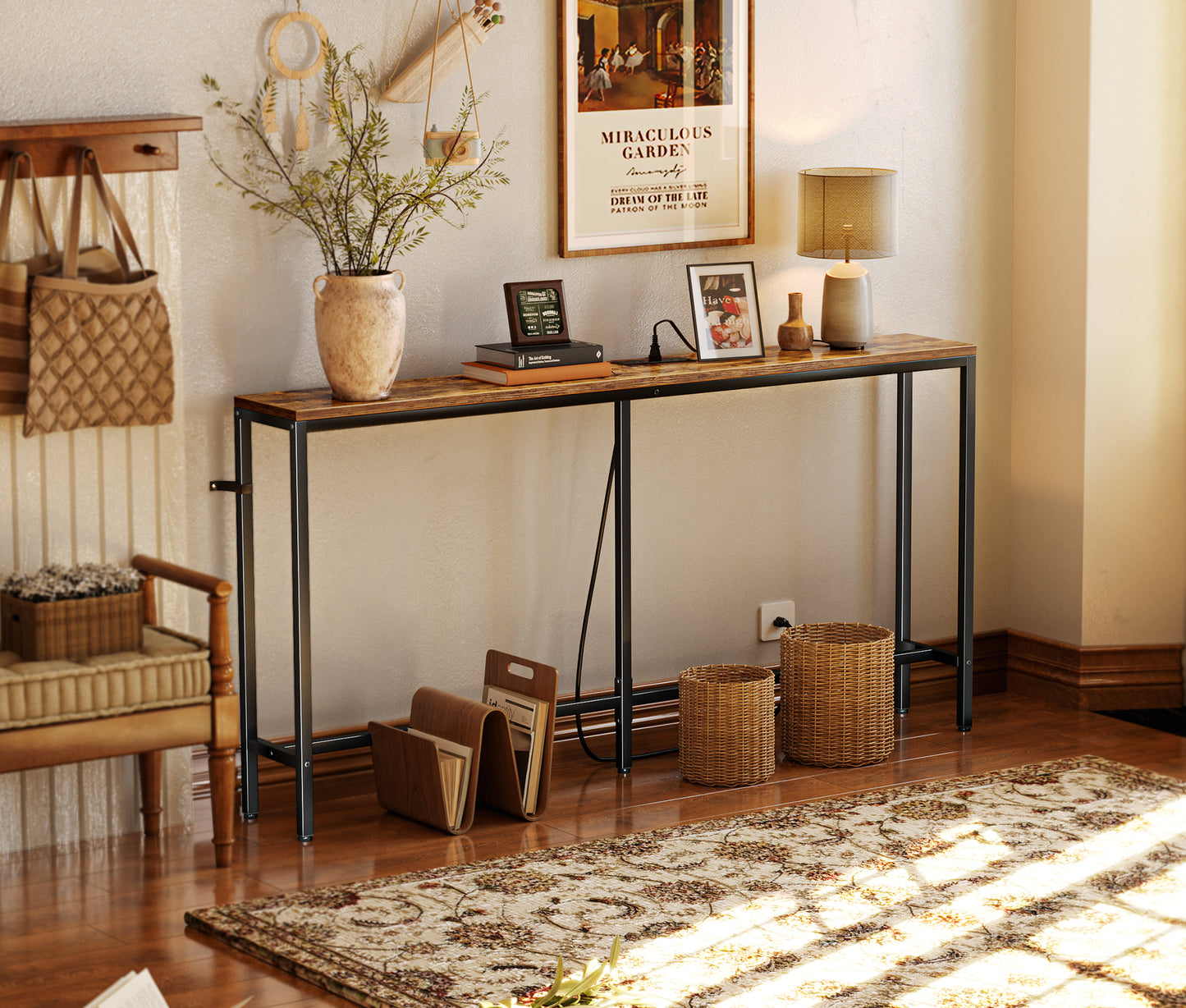SUPERJARE Console Table with Outlet, 63 Inch Sofa Table with Charging Station, Narrow Entryway Table, Skinny Hallway Table, Behind Couch Table, for Living Room, Plants - Rustic Brown