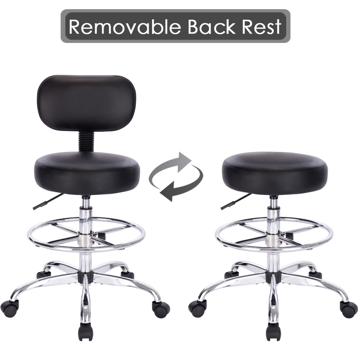 SUPERJARE Drafting Chair with Back, Adjustable Foot Rest Rolling Stool - Black, 7202B
