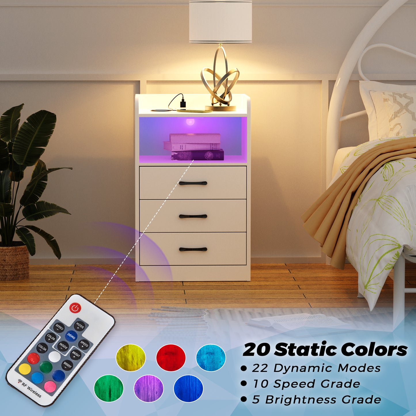 SUPERJARE Nightstand with Charging Station and LED Light Strips, Night Stand with Drawers, End Table with USB Ports and Outlets, White