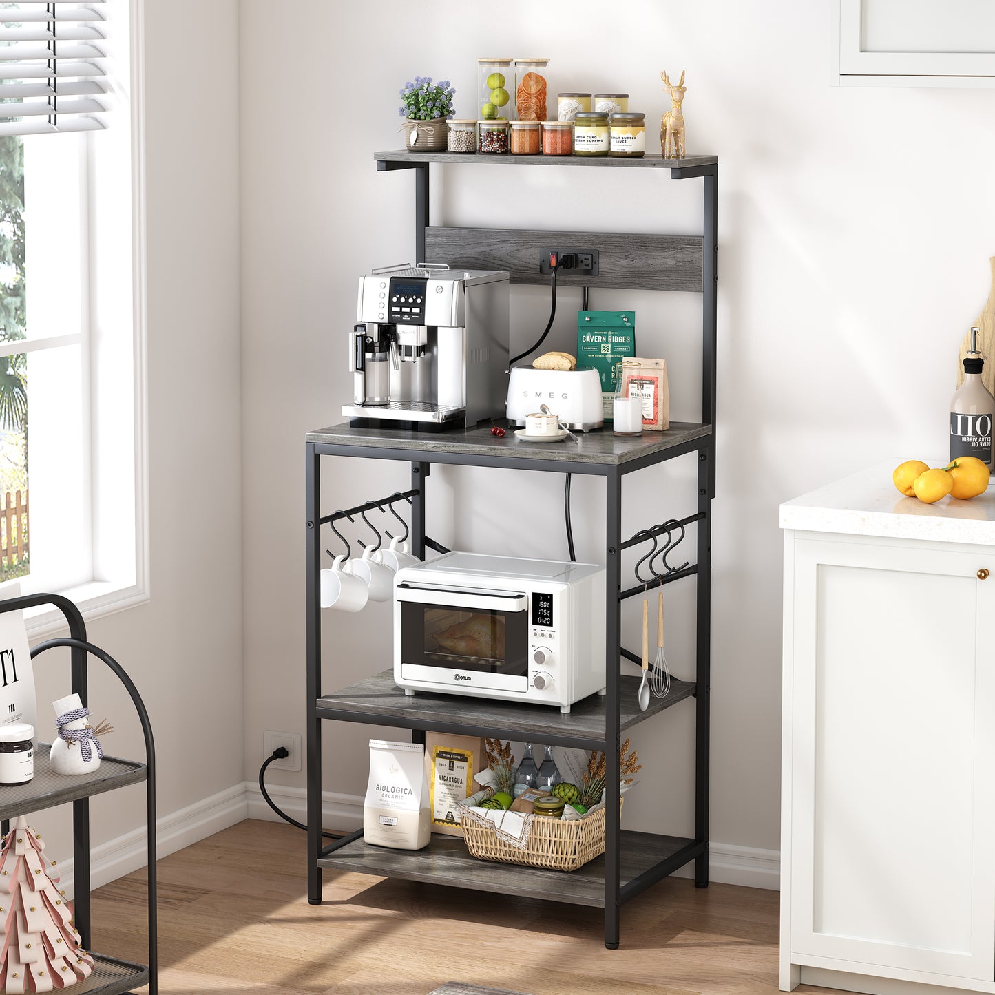 SUPERJARE Kitchen Bakers Rack with Power Outlet, Coffee Bar Table 4 Tiers, Kitchen Microwave Stand with 6 S-Shaped Hooks, Kitchen Storage Shelf Rack for Spices, Pots and Pans - Charcoal Gray