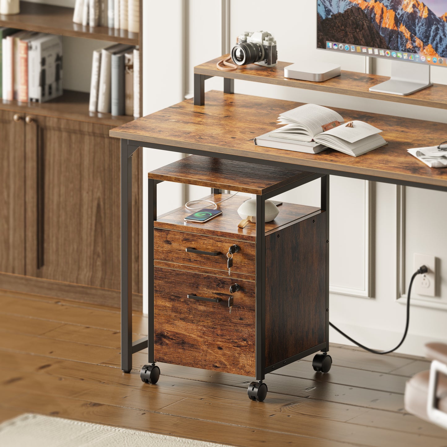 SUPERJARE File Cabinet with Lock & Charging Station, 2 Drawers Rolling Filing Cabinet, Office File Cabinet with Wheels & Open Shelf, for Home Office, A4/Letter Size Files, Rustic Brown