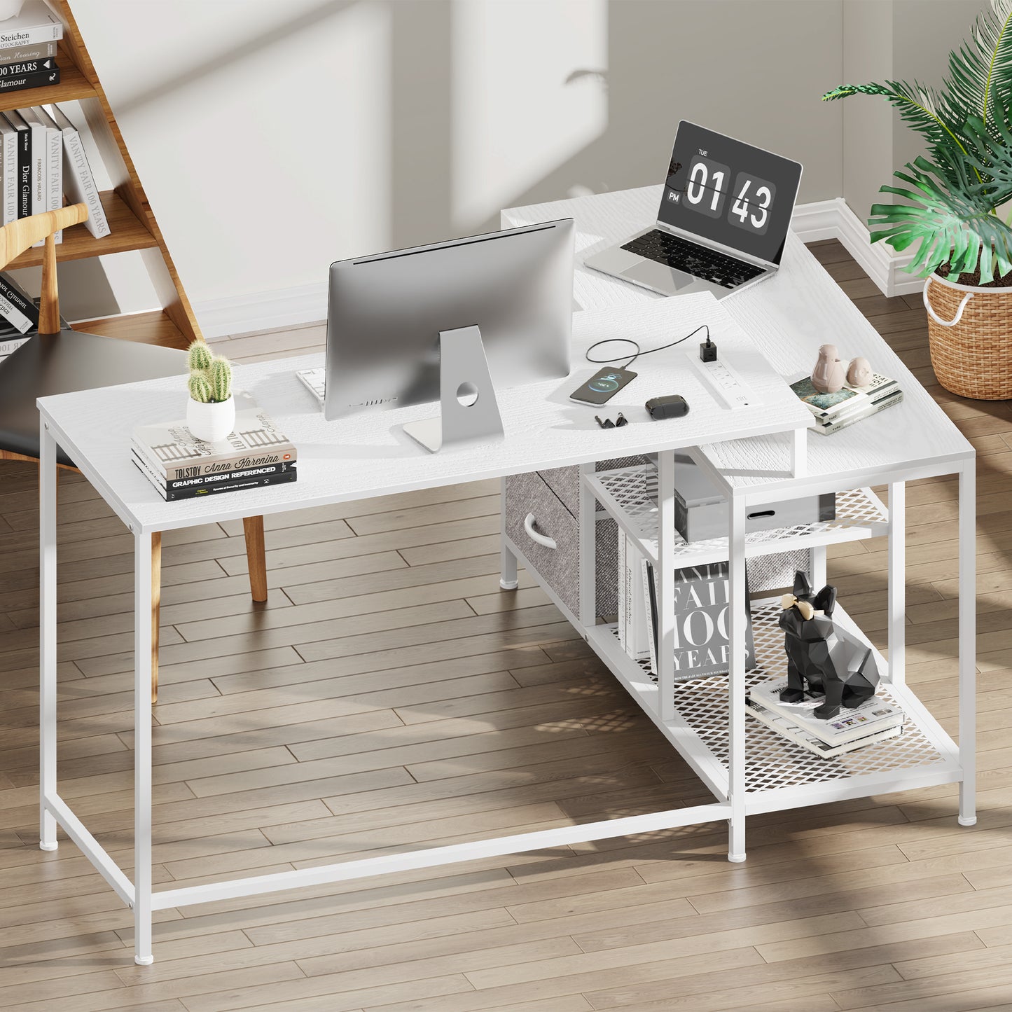 SUPERJARE 63 Inch L Shaped Desk with Power Outlets, Computer Desk with Drawers & Shelves, Corner Desk Gaming Desk Home Office Desk, White