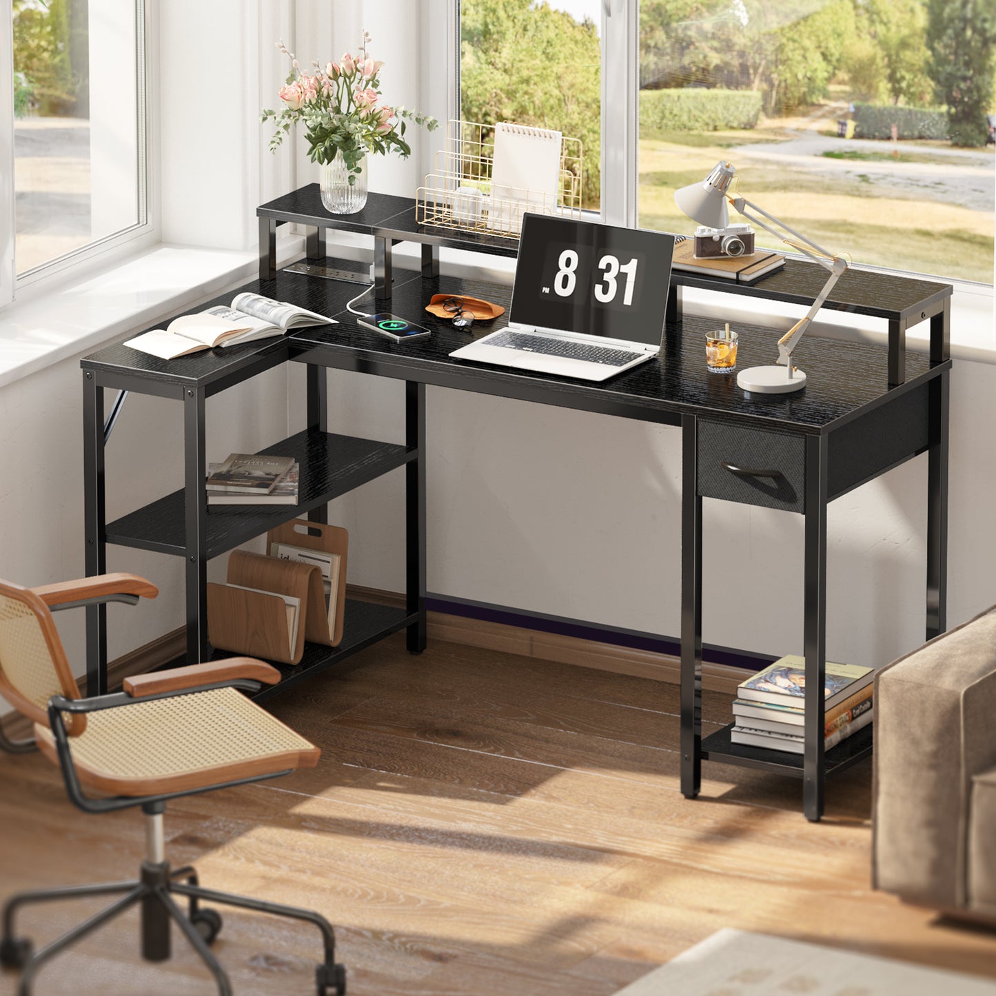 SUPERJARE 53 Inch L Shaped Desk with LED Lights & Power Outlets, Reversible Computer Desk with Shelves & Drawer, Corner Desk Home Office Desk, Black