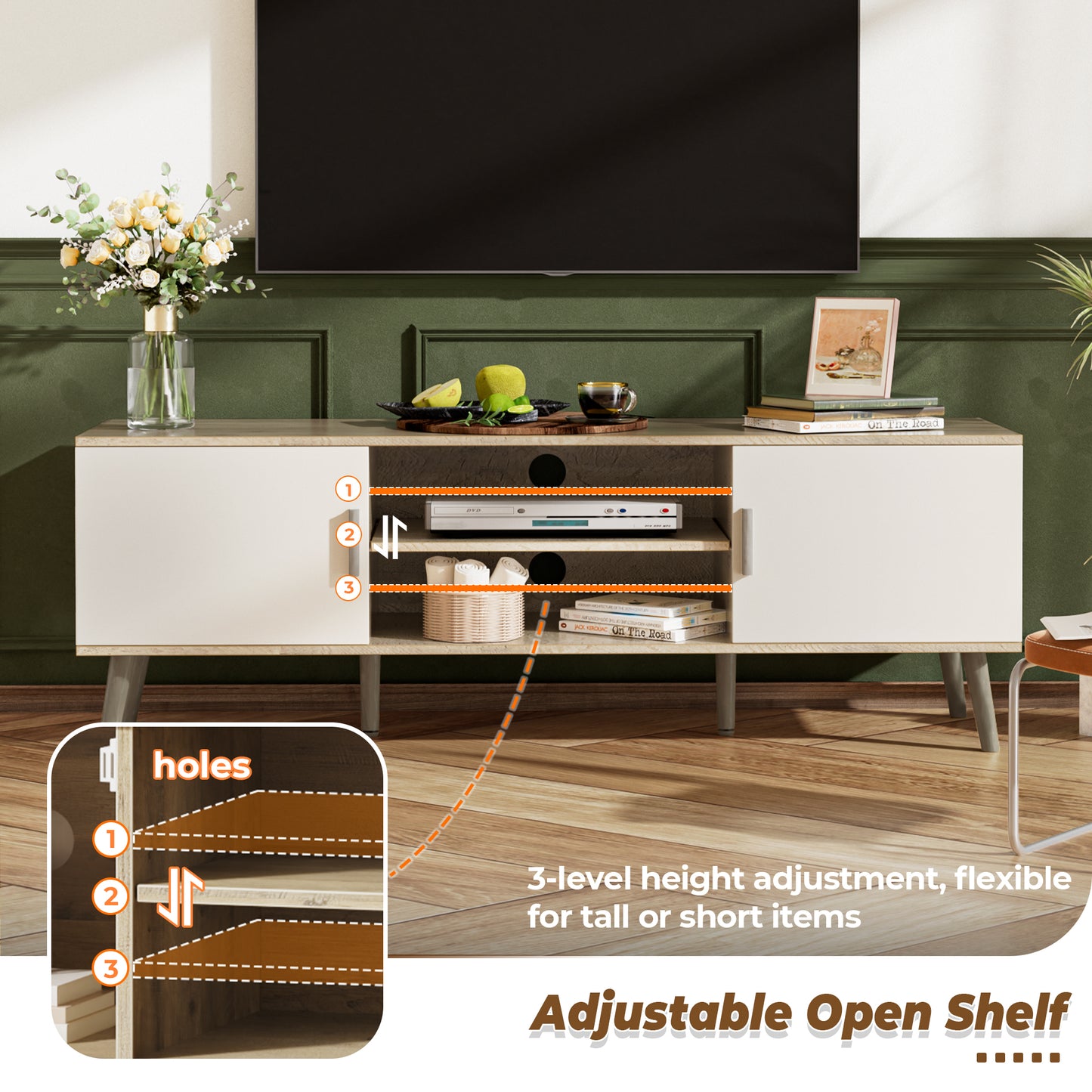 SUPERJARE TV Stand for 55 Inch TV, Entertainment Center with Adjustable Shelf, 2 Cabinets, TV Console Table, Media Console, Solid Wood Feet, Cord Holes, Gray and White