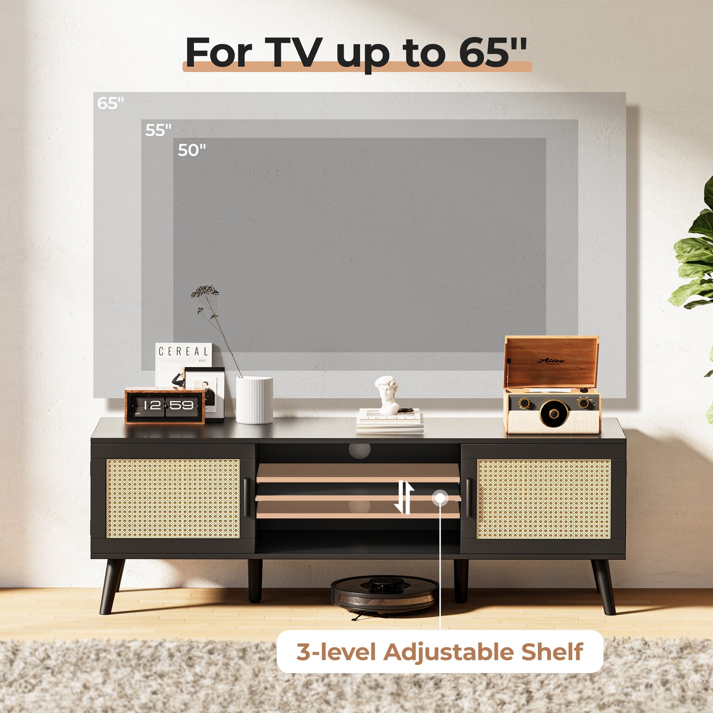 SUPERJARE 55 Inch TV Stand, Entertainment Center with Adjustable Shelf, Rattan TV Console with 2 Cabinets, Media Console, Solid Wood Feet, 4 Cord Holes, for Living Room, Black