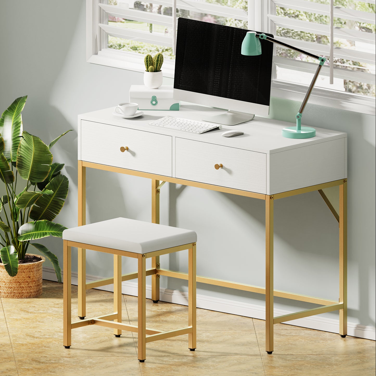 SUPERJARE 35.4" White and Gold Desk with 2 Drawers, Modern Makeup Vanity Desk with Padded Stool, Small Computer Desk Home Office Desk for Writing Study Bedroom