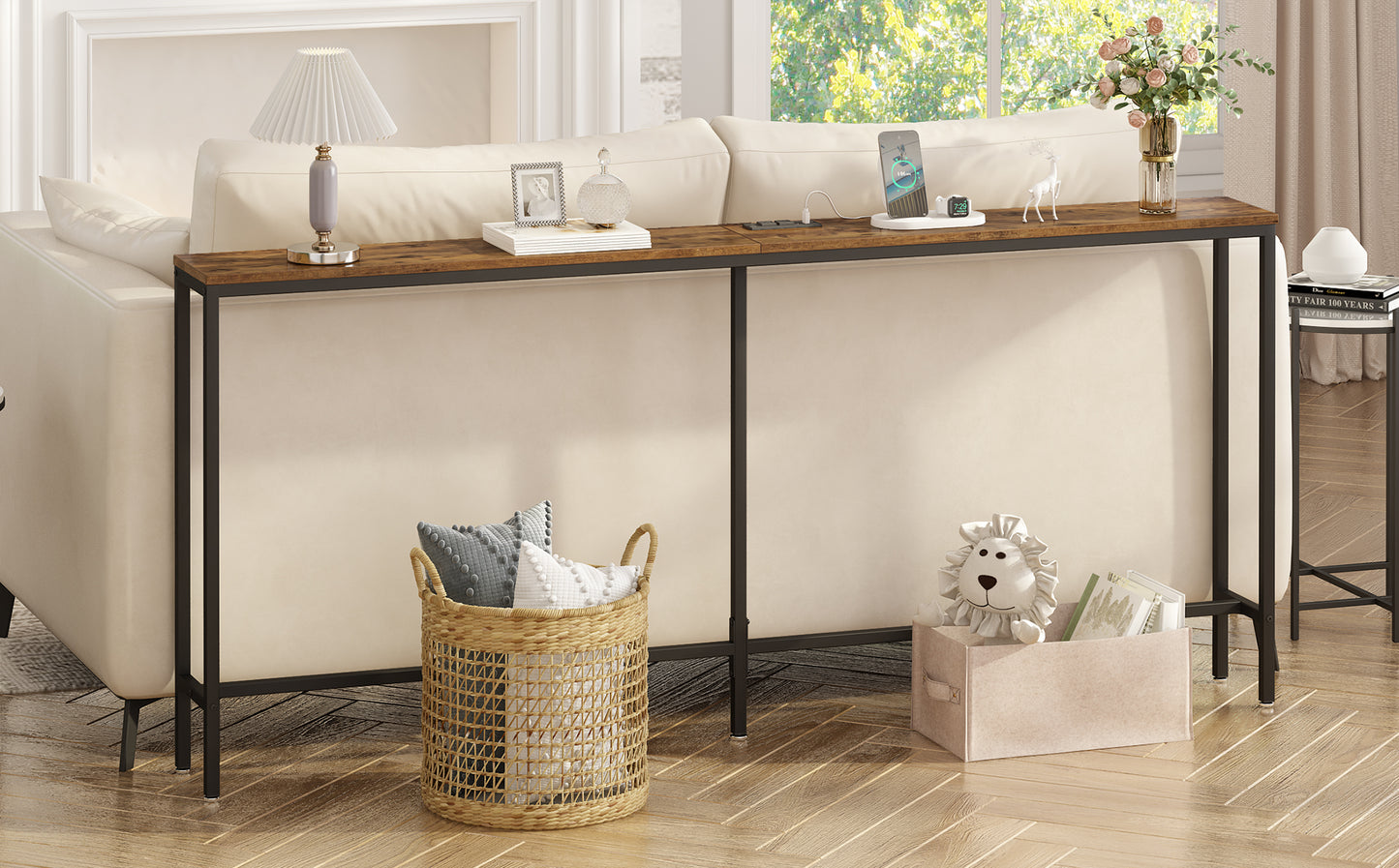 SUPERJARE 70.8 Inch Console Table with Charging Station, Narrow Entryway Table, Vintage Brown, 7942ZC