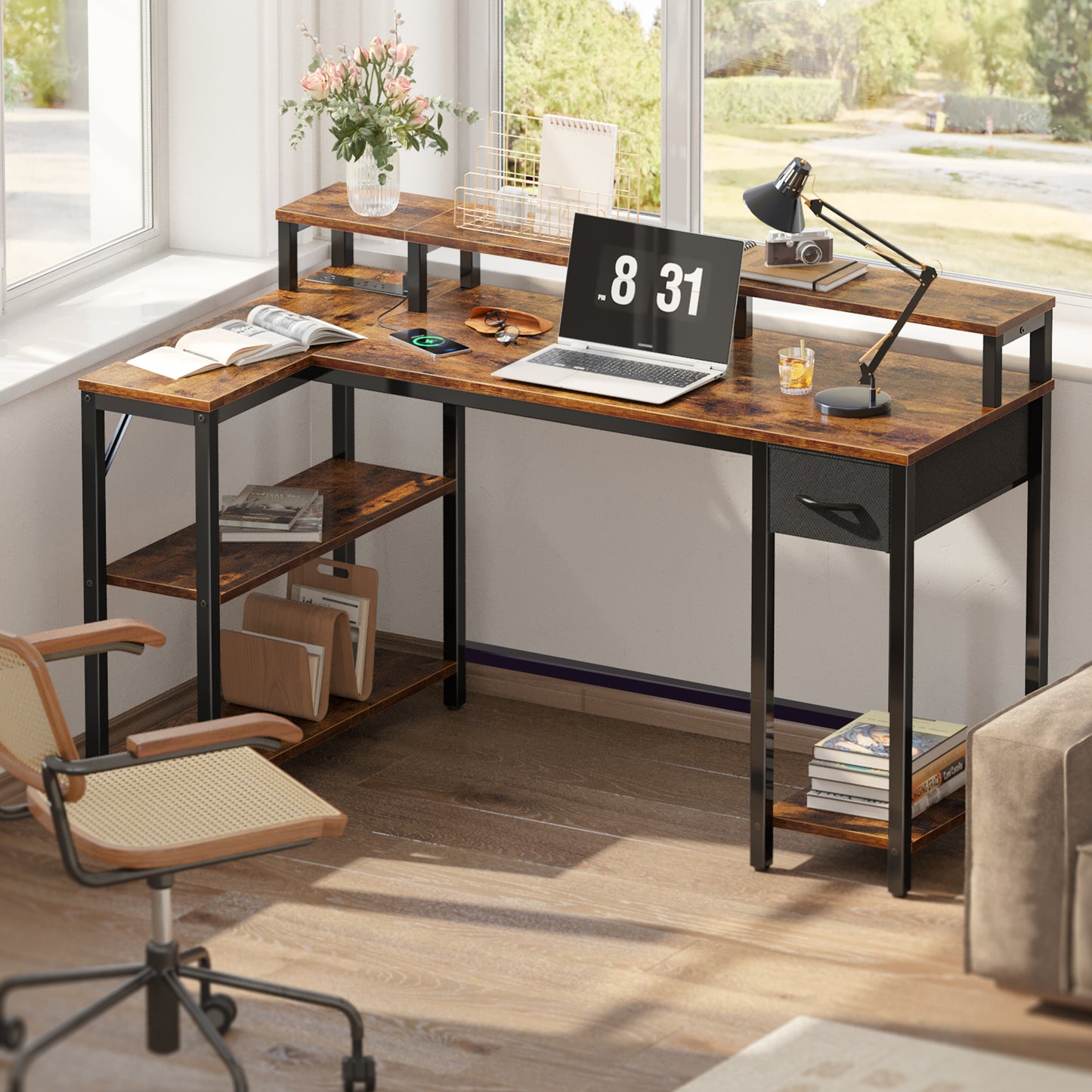 SUPERJARE 53 Inch L Shaped Desk with LED Lights & Power Outlets, Reversible Computer Desk with Shelves & Drawer, Corner Desk Home Office Desk, Rustic Brown