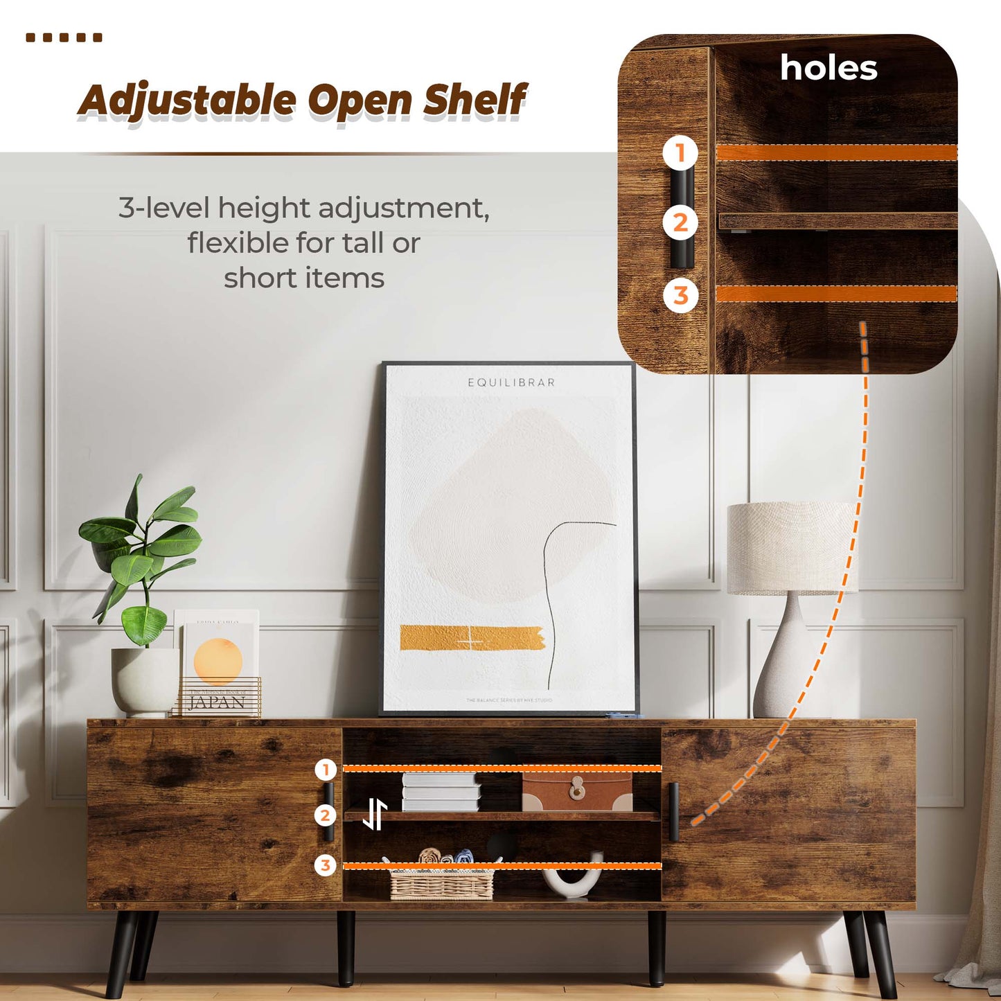 SUPERJARE TV Stand for 55 Inch TV, Entertainment Center with Adjustable Shelf, 2 Cabinets, TV Console Table, Media Console, Solid Wood Feet, Cord Holes, Rustic Brown