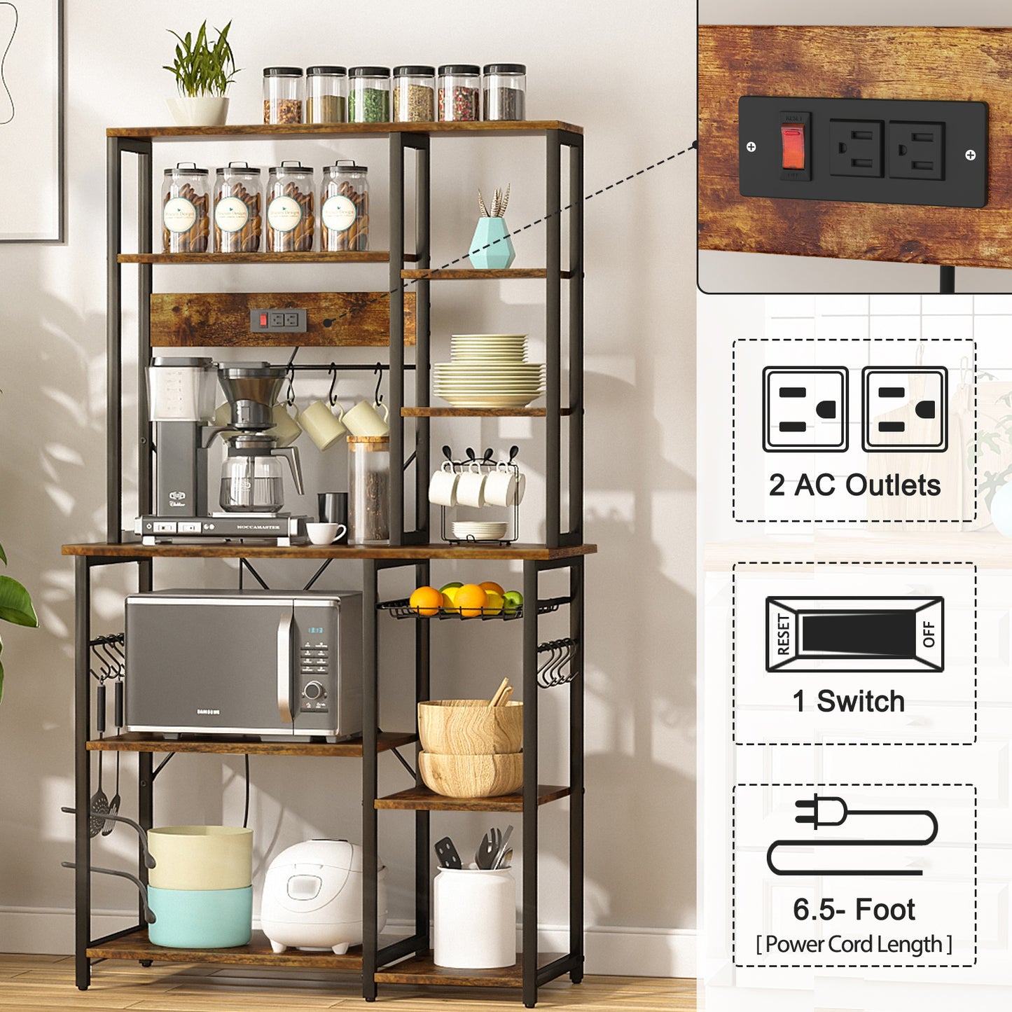 SUPERJARE Large Bakers Rack with Power Outlets, 6-Tier Coffee Bar with 12 S-Shaped Hooks, Wire Basket - Rustic Brown 80923ZC