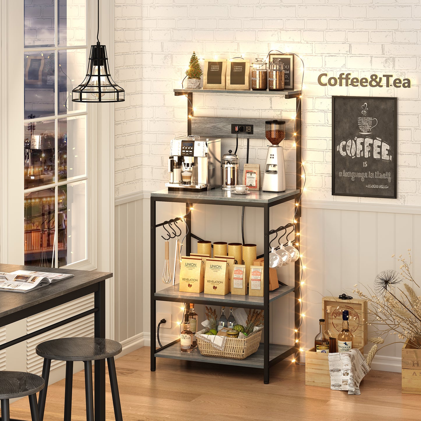 SUPERJARE Kitchen Bakers Rack with Power Outlet, Coffee Bar Table 4 Tiers, 6 S-shaped Hooks, Kitchen Storage Shelf Rack, Gray