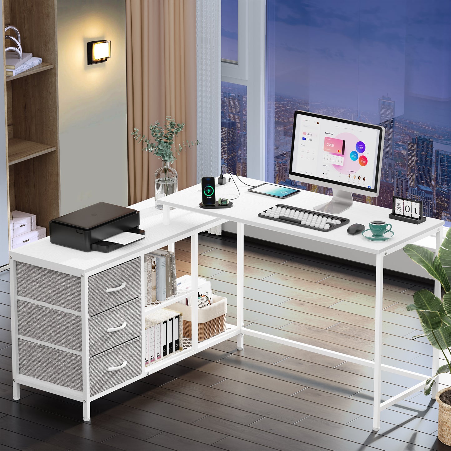SUPERJARE L Shaped Desk with Power Outlets, Drawers & Shelves, White, 7944WC