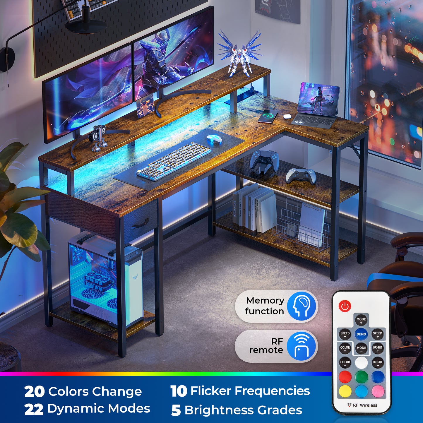 SUPERJARE 53 Inch L Shaped Desk with LED Lights & Power Outlets, Reversible Computer Desk with Shelves & Drawer, Corner Desk Home Office Desk, Rustic Brown