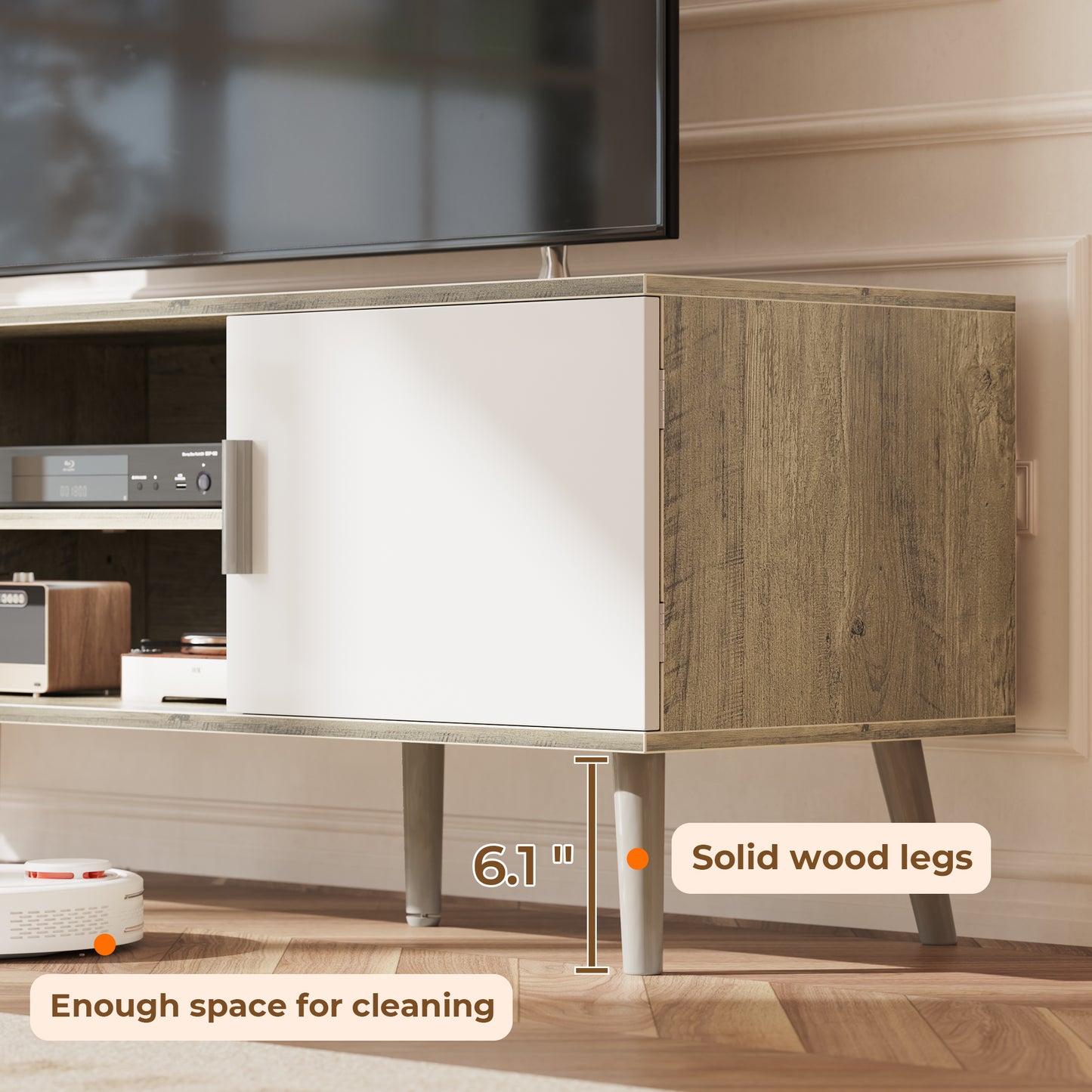 SUPERJARE TV Stand for 55 Inch TV, Entertainment Center with Adjustable Shelf, 2 Cabinets, TV Console Table, Media Console, Solid Wood Feet, Cord Holes, Gray and White