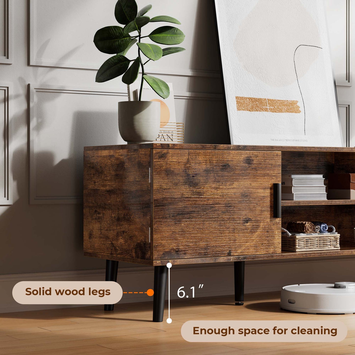 SUPERJARE TV Stand for 55 Inch TV, Entertainment Center with Adjustable Shelf, 2 Cabinets, TV Console Table, Media Console, Solid Wood Feet, Cord Holes, Rustic Brown