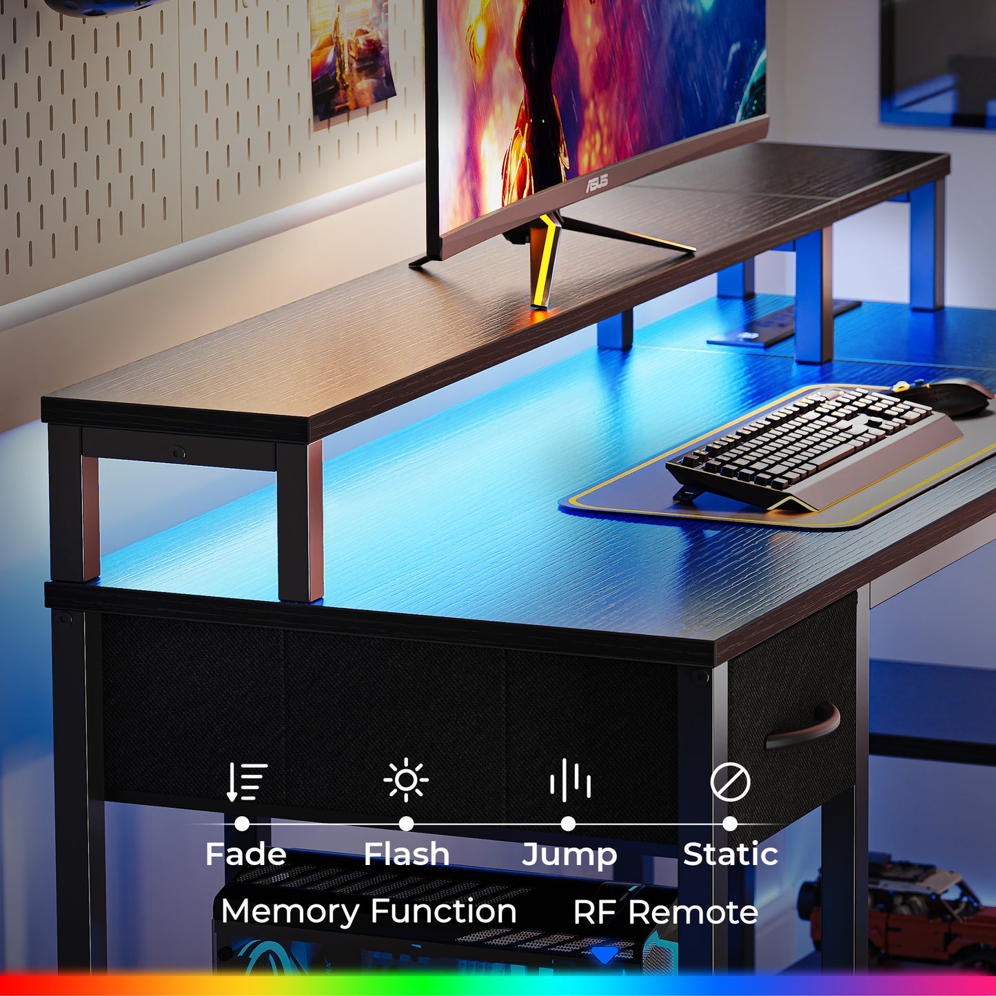 SUPERJARE 53 inch Reversible L Shaped Desk with LED Lights & Power Outlets, Computer Desk with Shelves & Monitor Stand, Gaming Desk with Drawer, Home Office Desk Corner Desk, Black