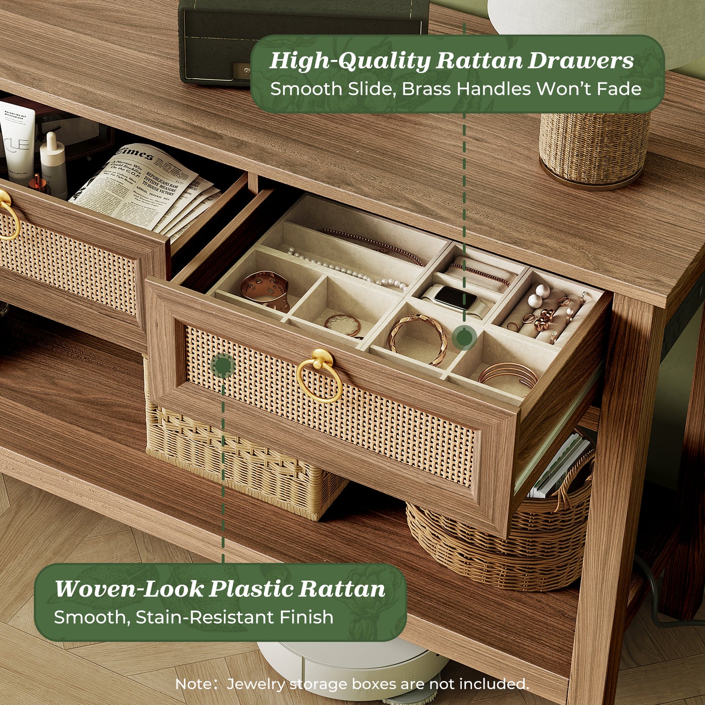 SUPERJARE Rattan Console Sofa Table with Outlets and USB-C Port, 3 Drawer Entryway Table with Synthetic Rattan Surface, Open Shelf, Behind Couch Entry Foyer Hallway Storage, Brown