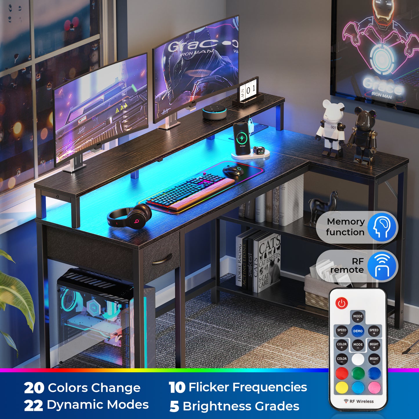 SUPERJARE 53 Inch L Shaped Desk with LED Lights & Power Outlets, Reversible Computer Desk with Shelves & Drawer, Corner Desk Home Office Desk, Black