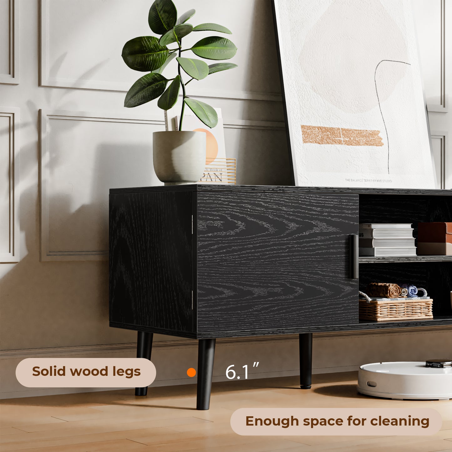 SUPERJARE TV Stand for 55 Inch TV, Entertainment Center with Adjustable Shelf, 2 Cabinets, TV Console Table, Media Console, Solid Wood Feet, Cord Holes, Black