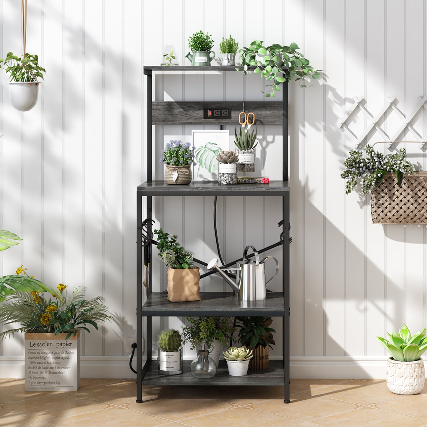 SUPERJARE Kitchen Bakers Rack with Power Outlet, Coffee Bar Table 4 Tiers, Kitchen Microwave Stand with 6 S-Shaped Hooks, Kitchen Storage Shelf Rack for Spices, Pots and Pans - Charcoal Gray