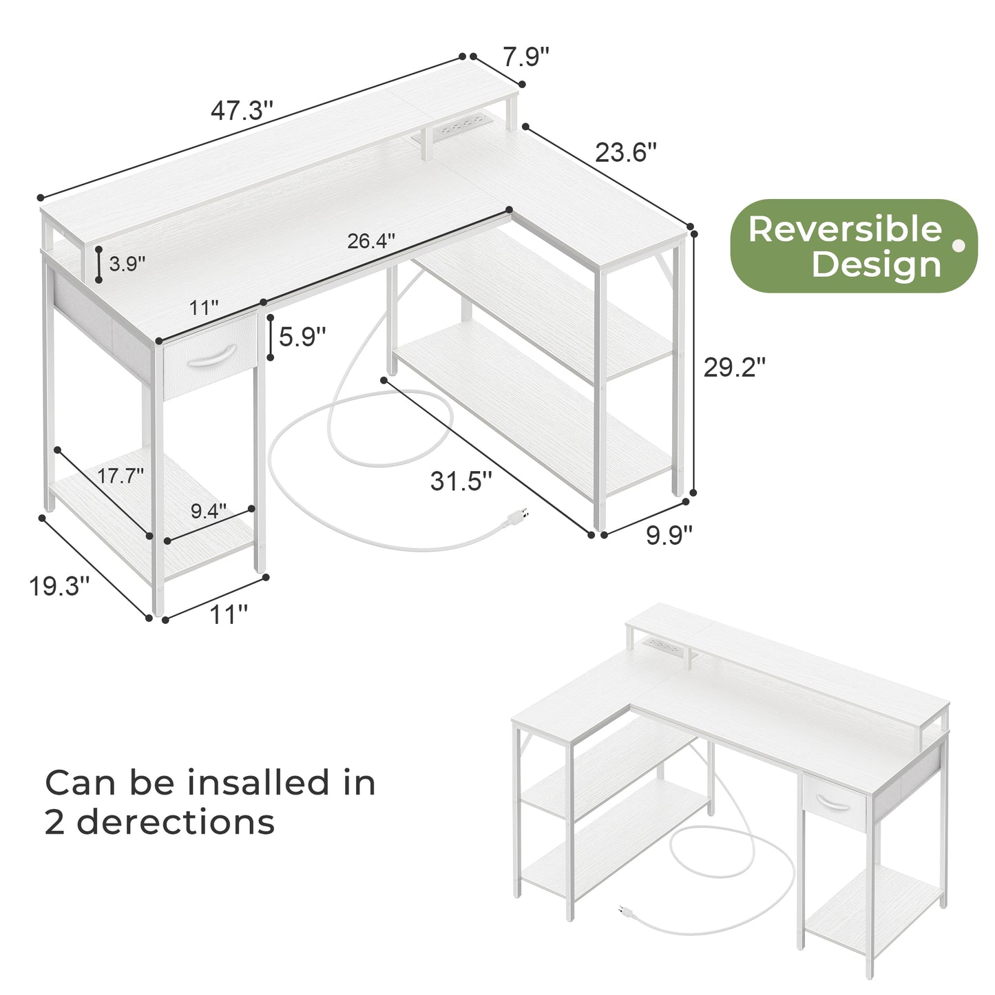 SUPERJARE L Shaped Gaming Desk with LED Lights & Power Outlets, Reversible Computer Desk with Shelves & Drawer, Corner Desk Home Office Desk, All White