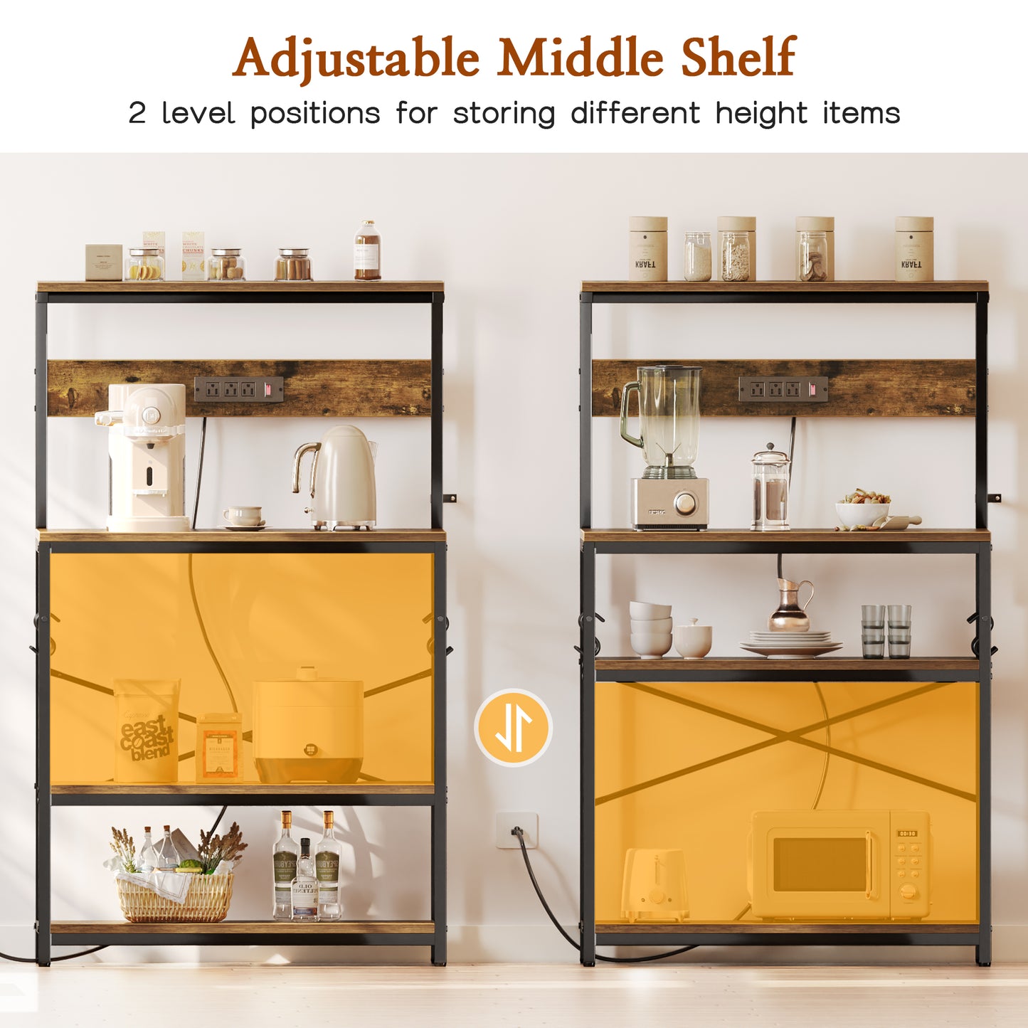 SUPERJARE Bakers Rack with Power Outlets, Microwave Stand, 31.5 X 16.5 Inch Larger Desktop, Kitchen Storage Rack with Adjustable Middle Shelf, 6 S-Shaped Hooks, Coffee Bar Stand, Rustic Brown